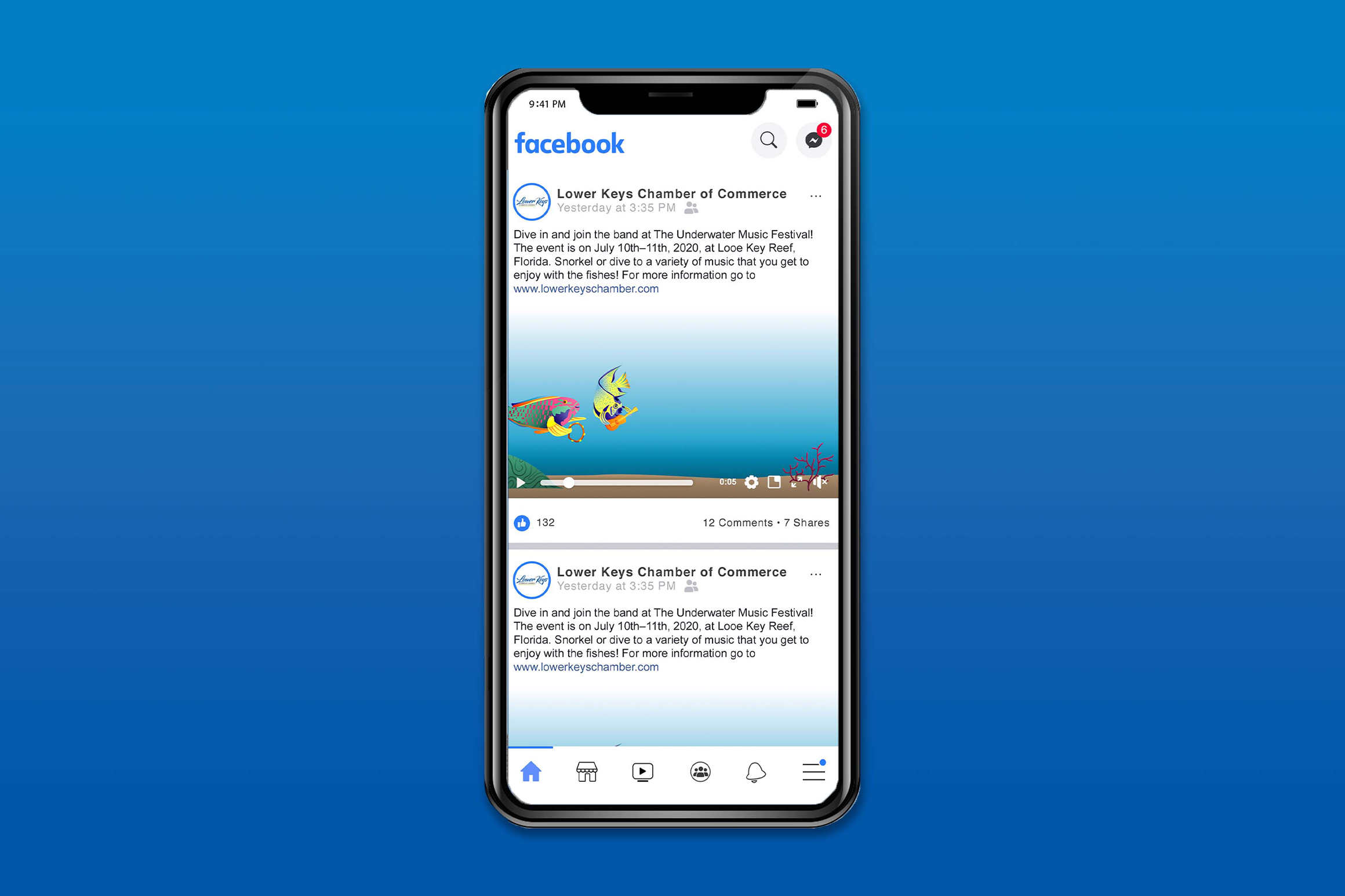 Phone mockup of Facebook post with a video.