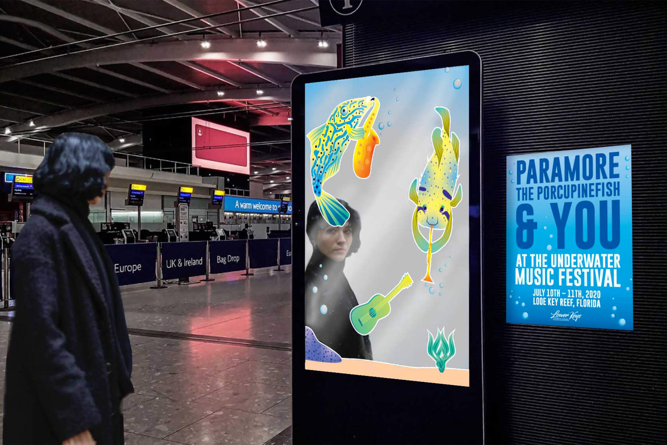 Women in airport walking by poster.