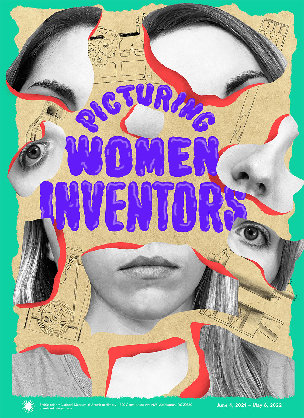 Poster of Picturing Women Inventors. Abstract pieces of face floating.
