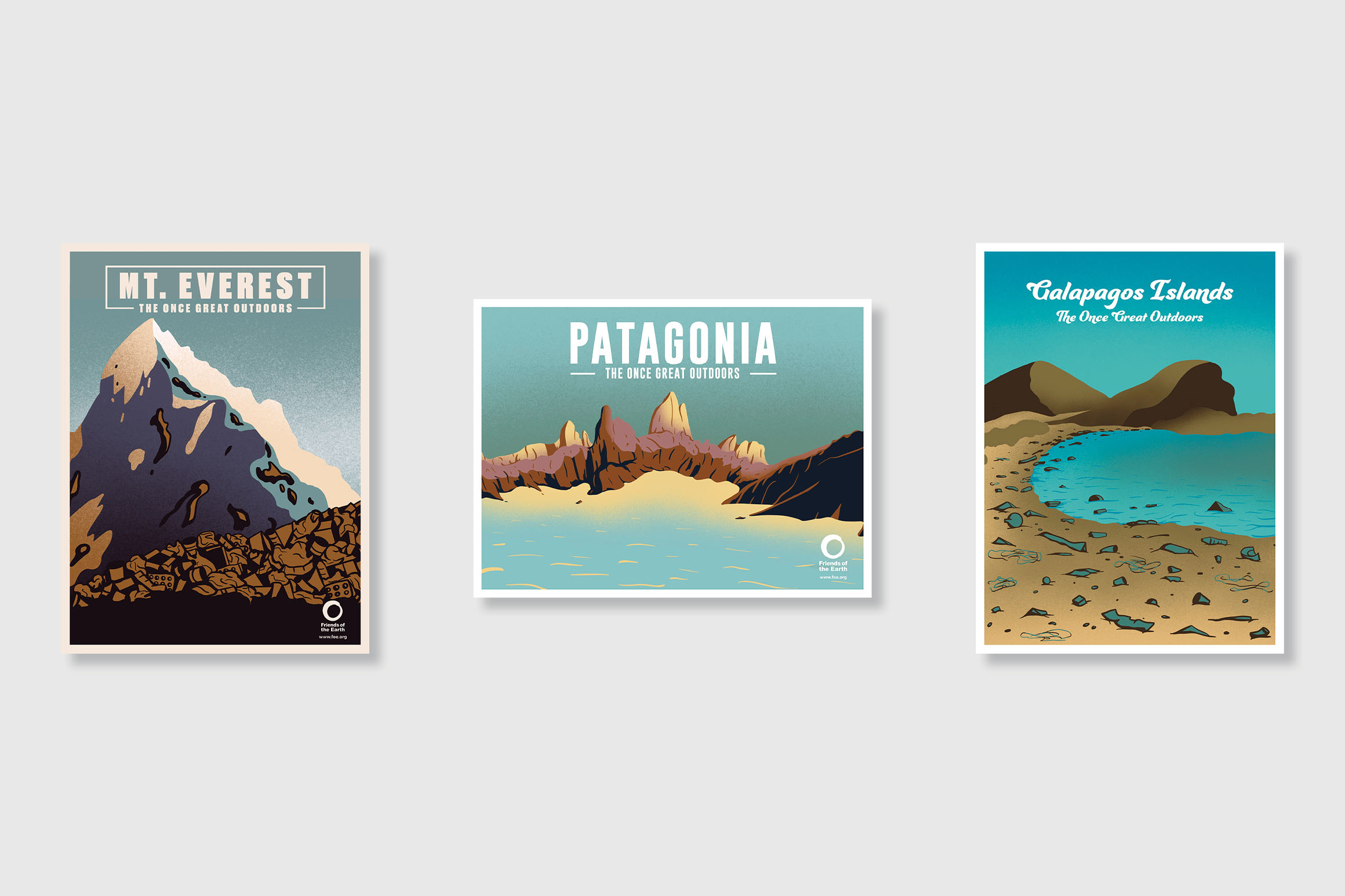Posters of environmentally impacted locations; trashed Mt. Everest, flooded Patagonia, and polluted beach of Galapagos Islands.
