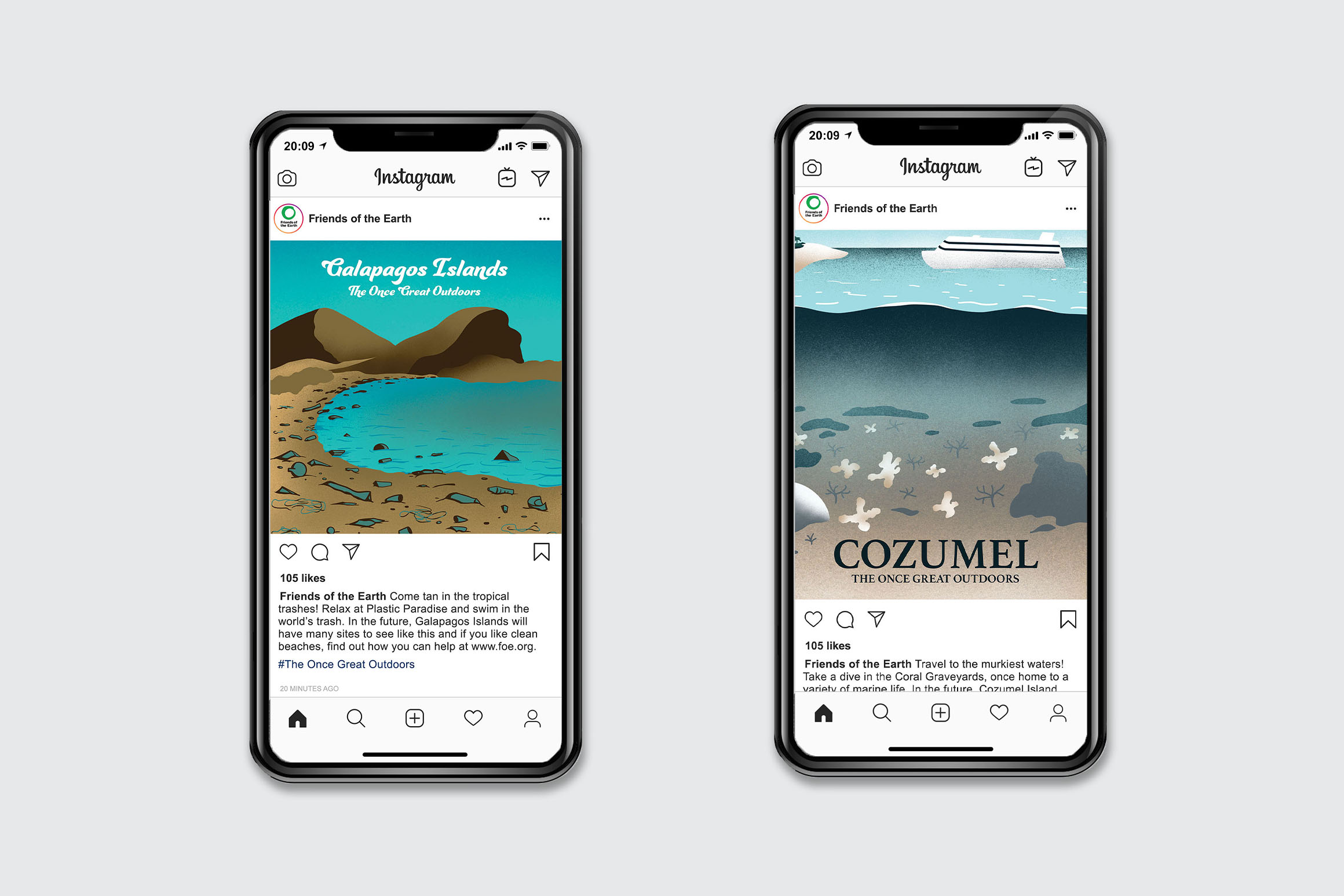 Two phones with Instagram posts of polluted beaches.