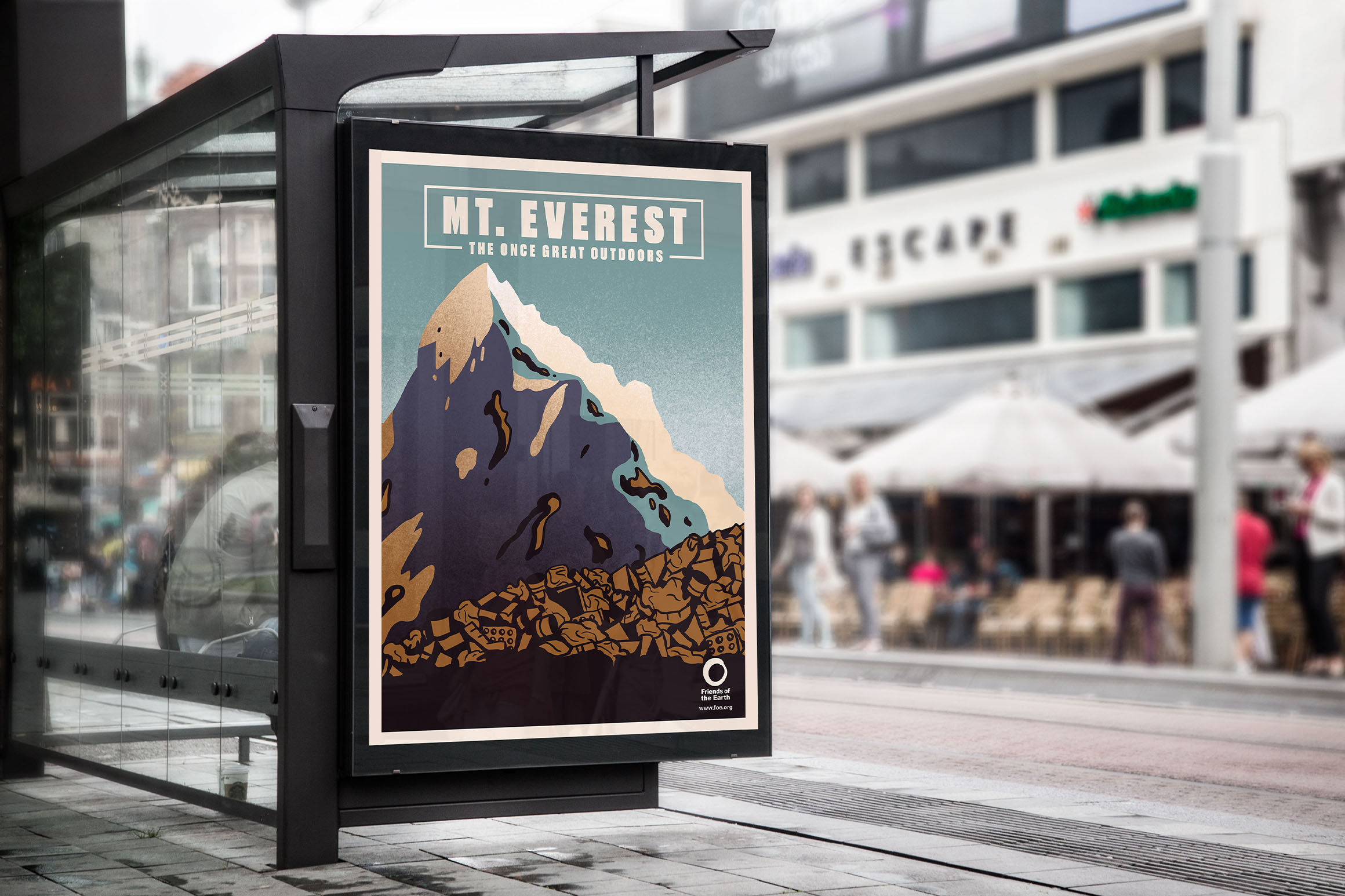 Mt. Everest poster at bus stop.