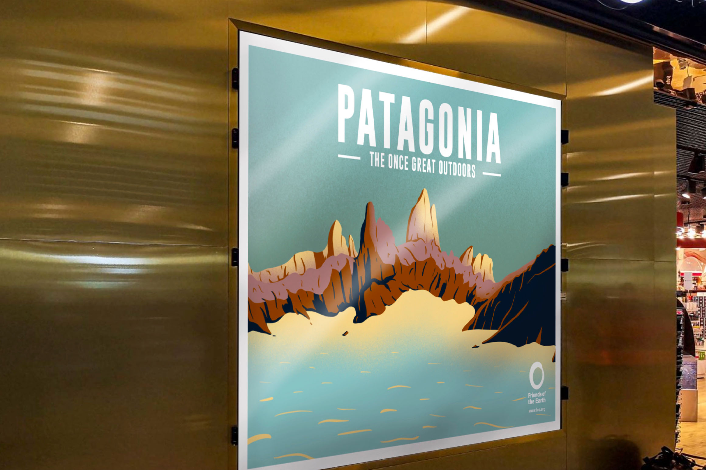 Patagonia poster on an airport wall.