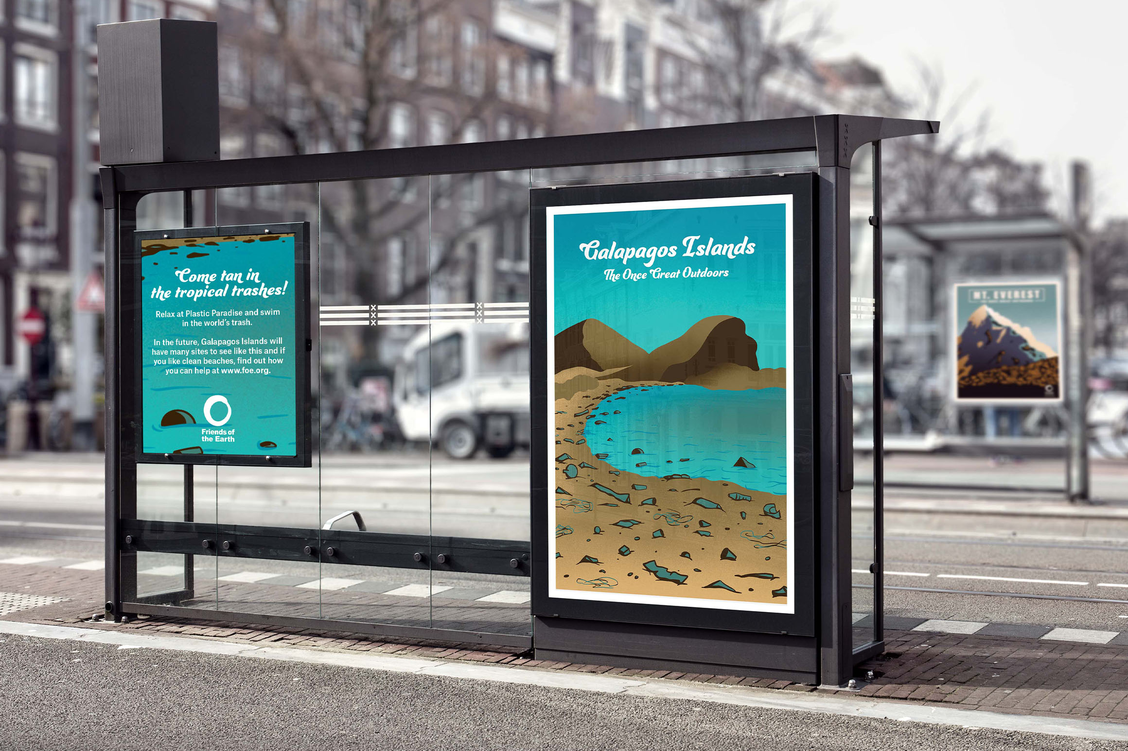 Galapagos Islands poster at a bus stop.