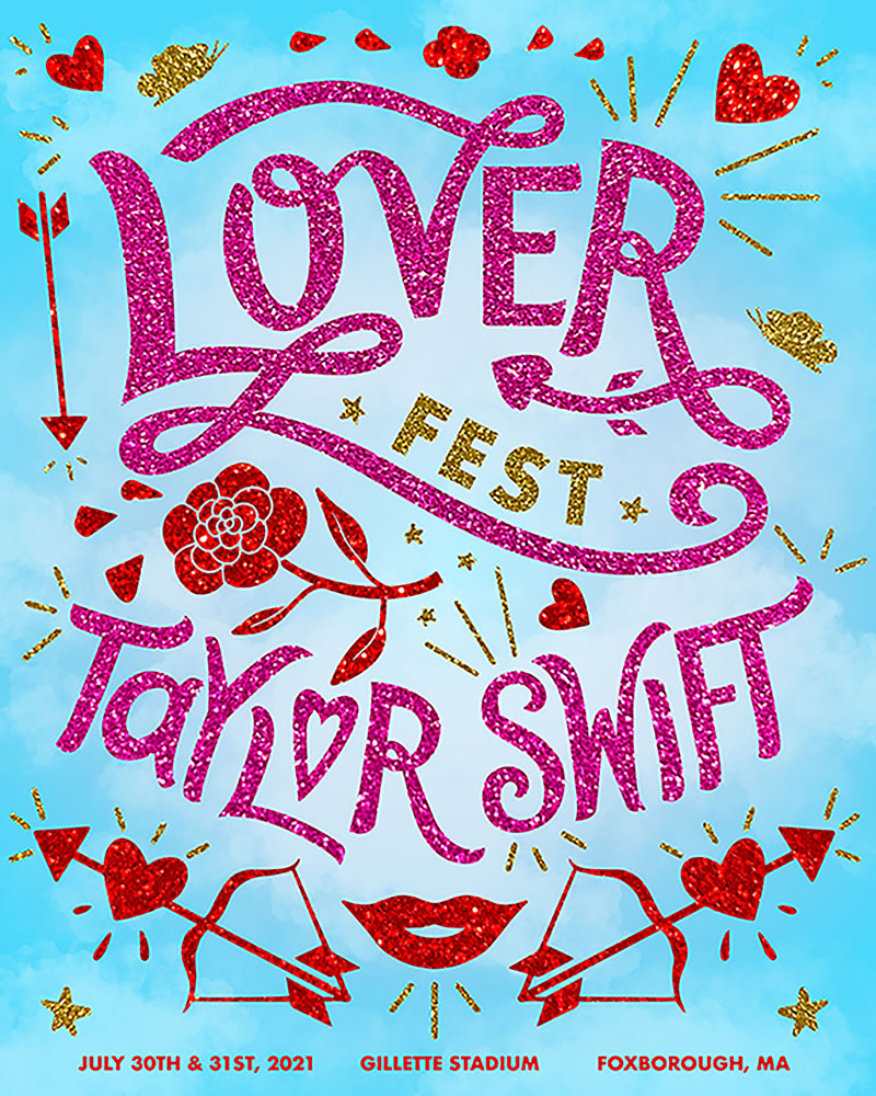 Lover Fest poster in blue, pink, and red.