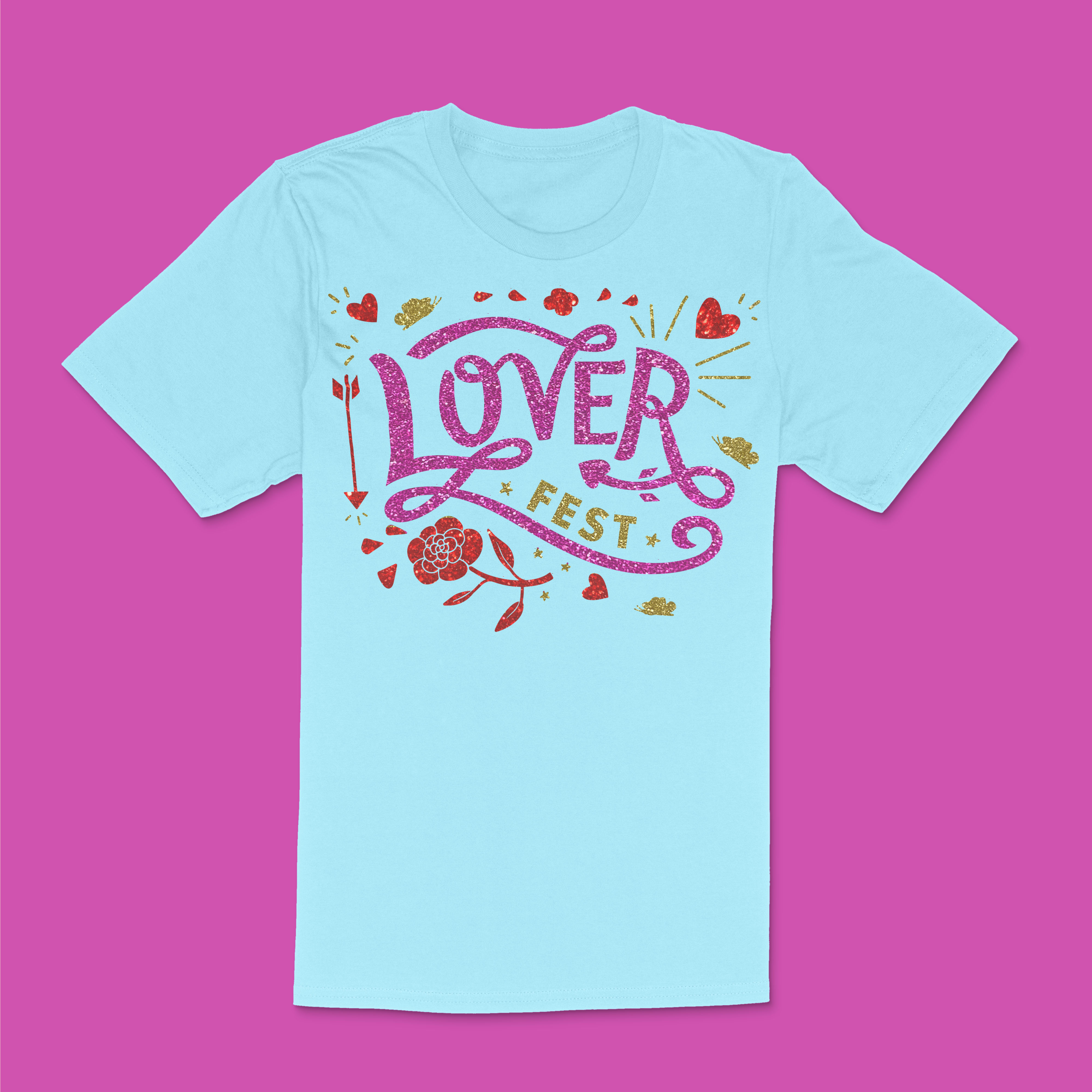Lover Fest on the front of a light blue t-shirt.