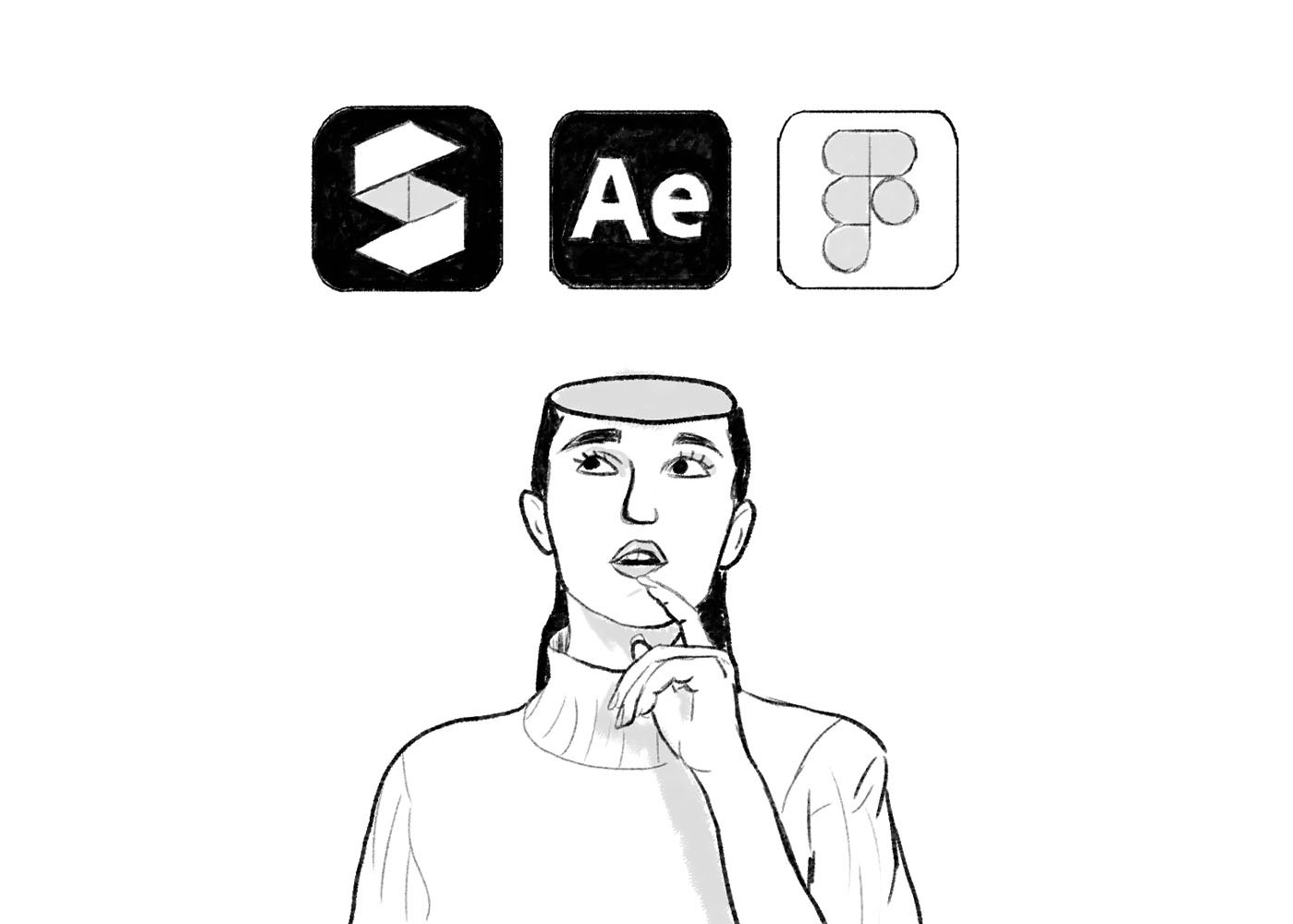 Storyboard of thinking person and app icons of Spark AR, Adobe After Effects, and Figma.