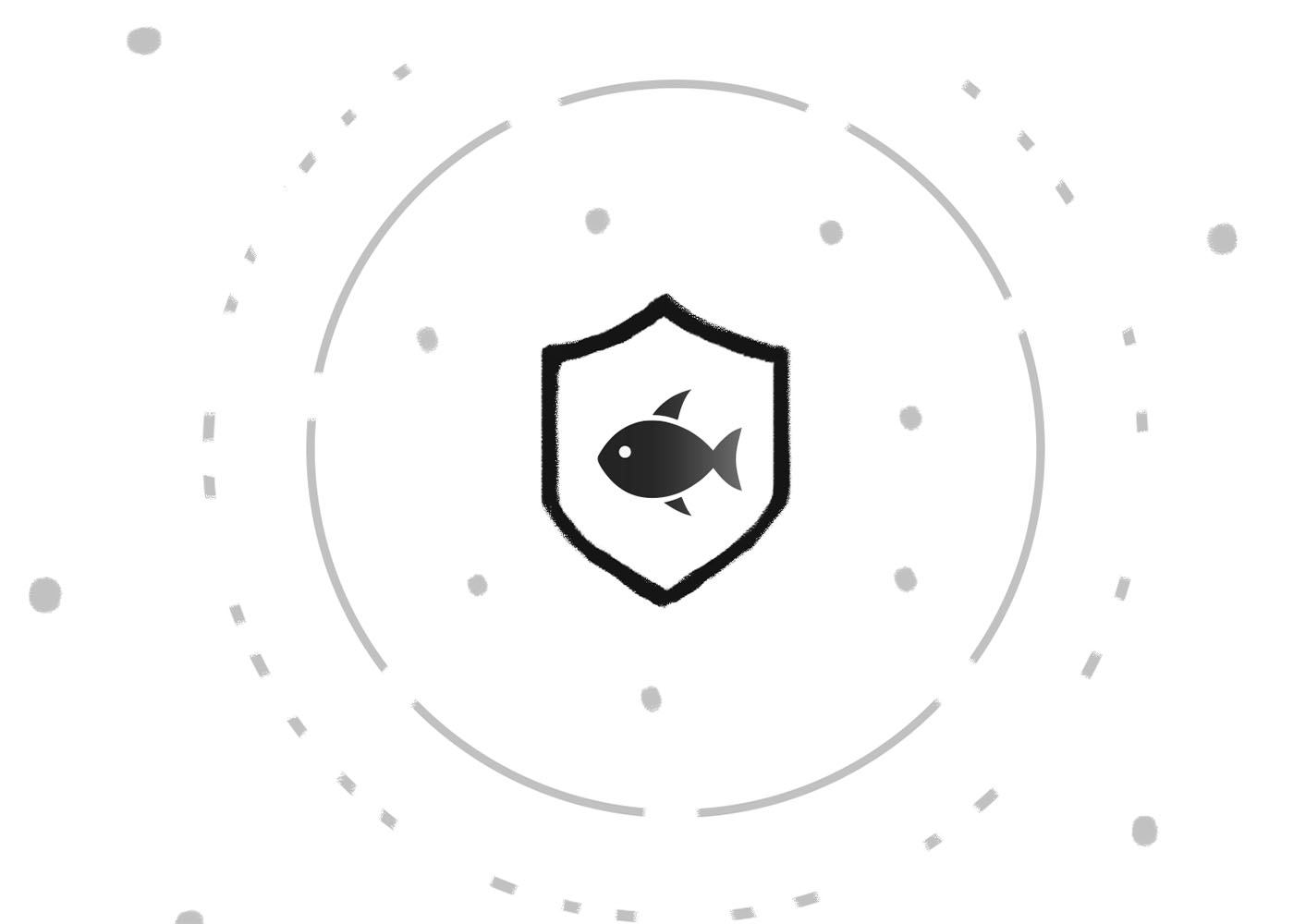 Storyboard of phish icon in shield, surrounded by lines and dots.