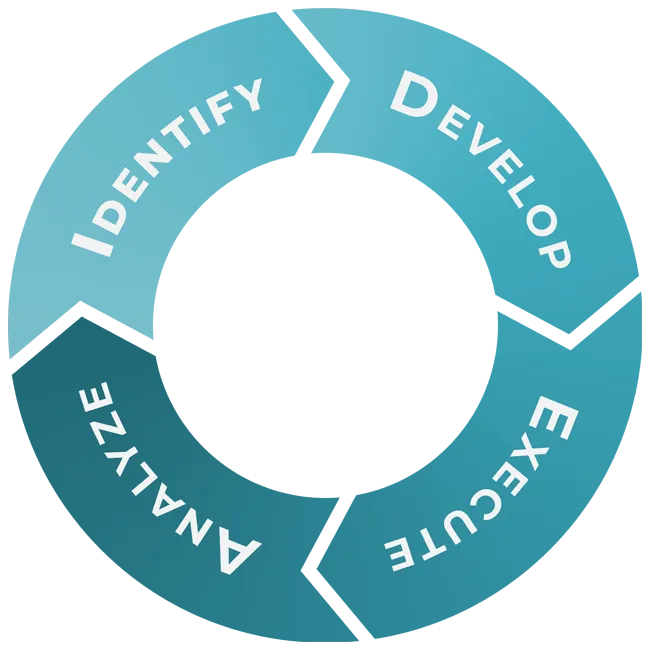 Circular diagram illustrating the IDEA Methodology: Identify, Develop, Execute, and Analyze.
