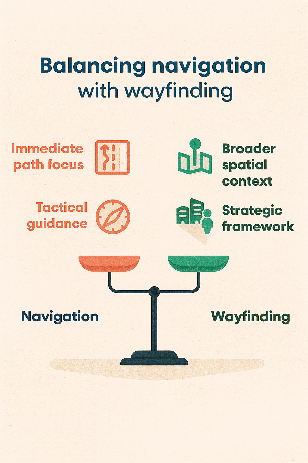 A diagram that shows how navigation and wayfinding can be balanced. 
