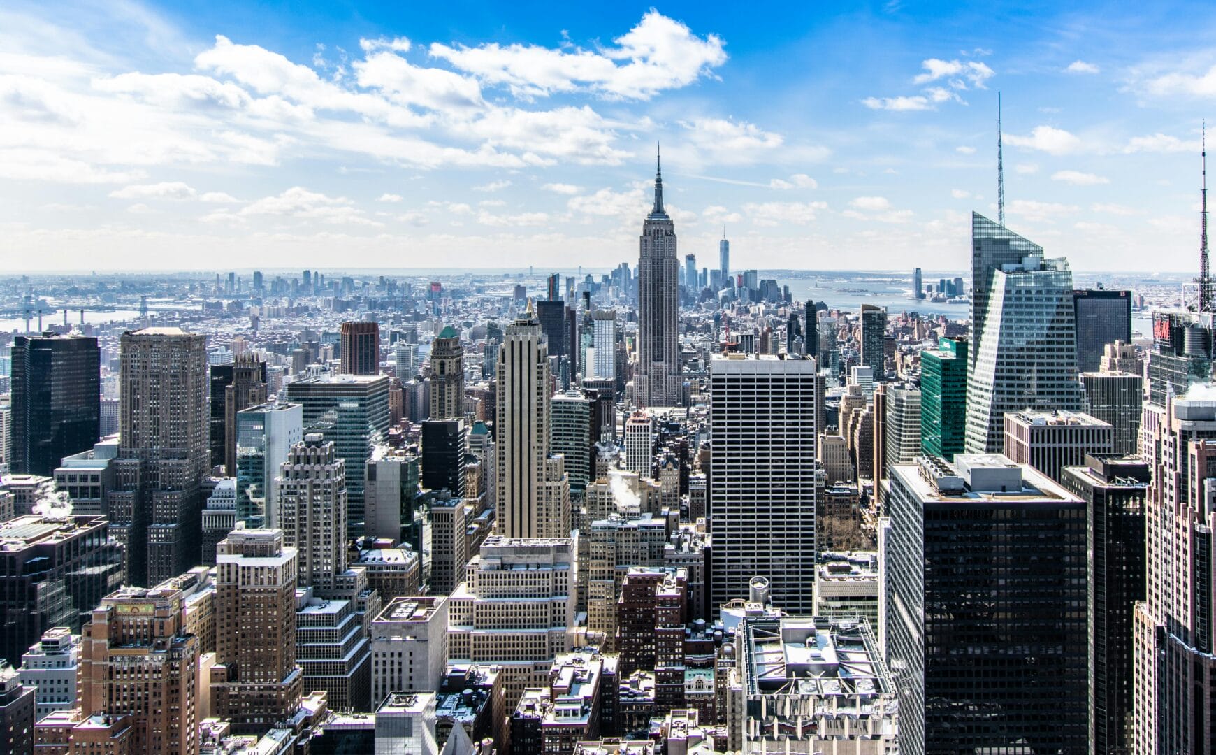 City skyline with numerous skyscrapers.