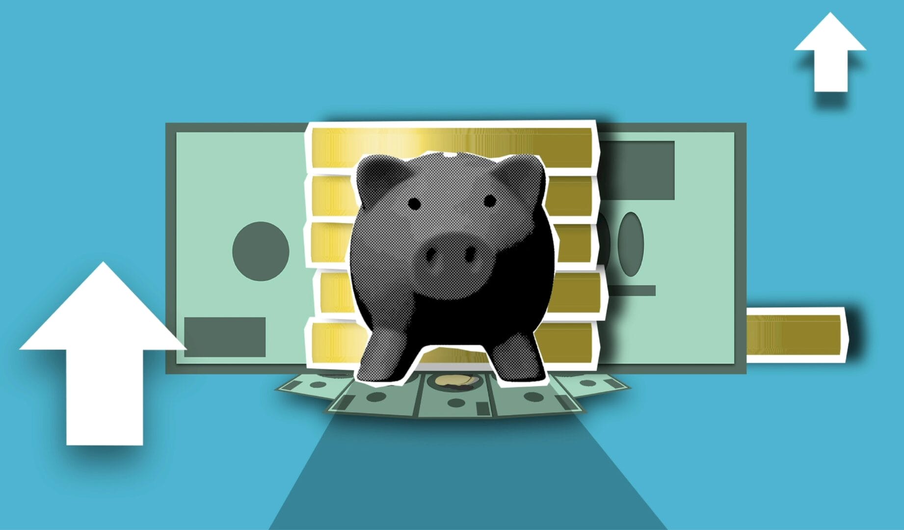 Piggy bank on top of a dollar bill with arrows pointing upwards.