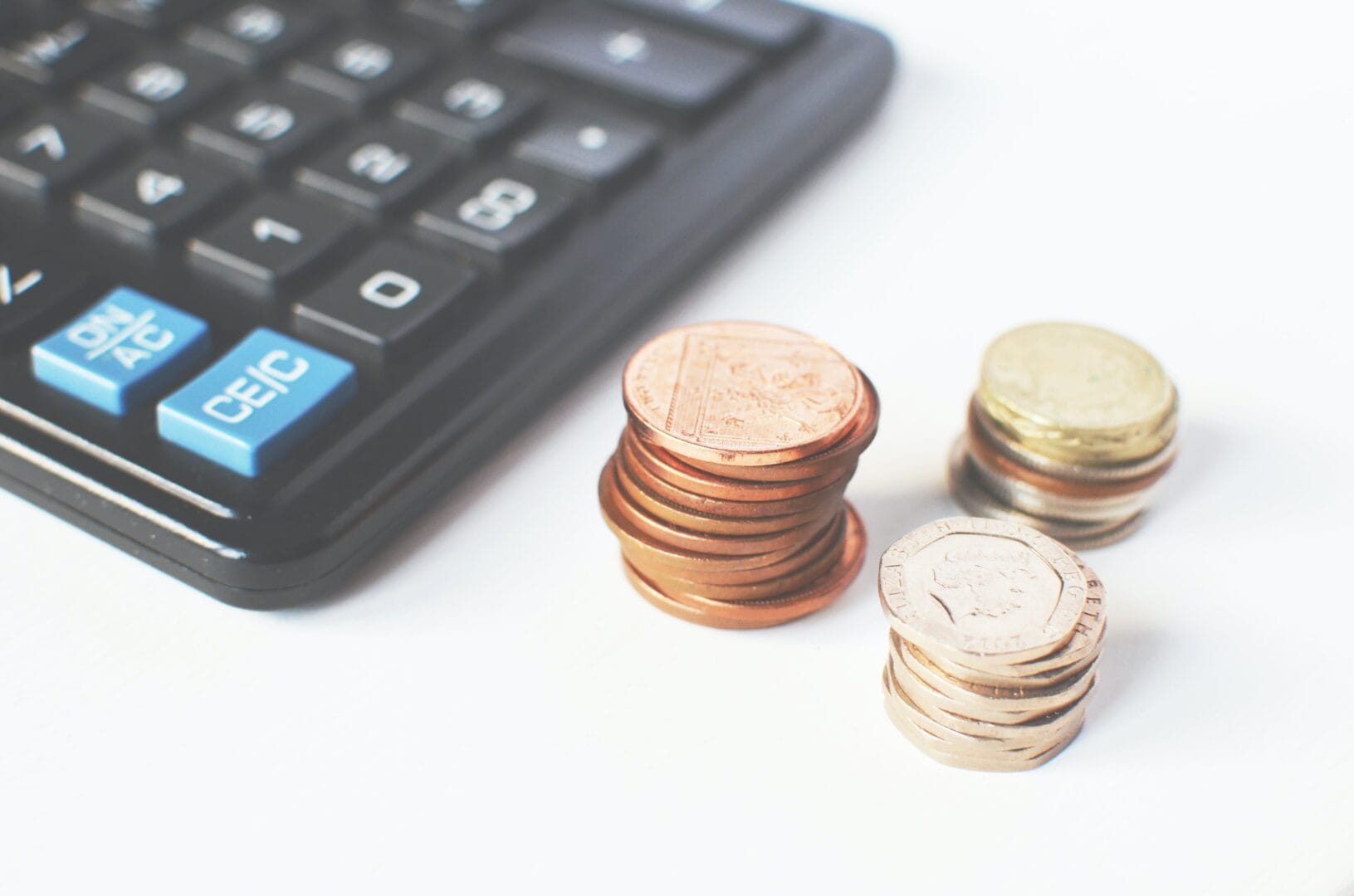Stacks of coins next to a calculator.