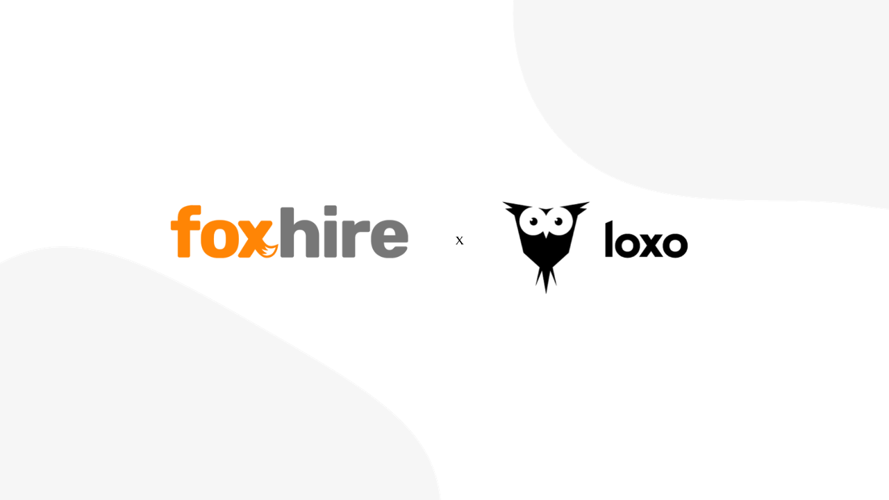 Banner with the logos of 'foxhire' and 'loxo' on a minimalist background.
