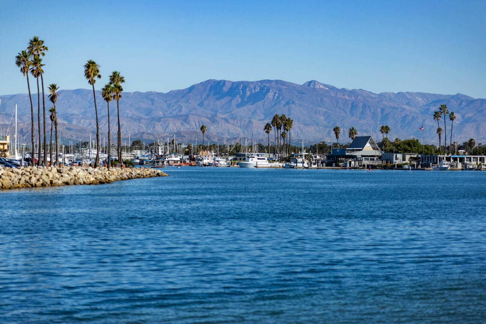 Waterfront scene with palm trees and mountains in the background