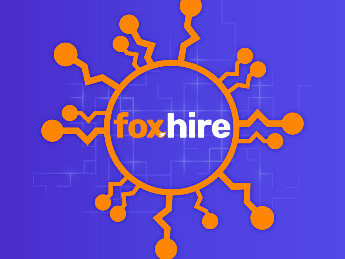 FoxHire logo with network design in the background|FoxHire logo with network design in the background, blue color scheme