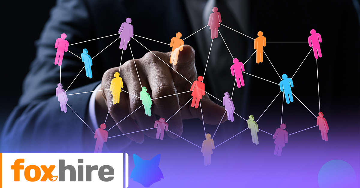 Person pointing at a network of people with the 'foxhire' logo in the foreground
