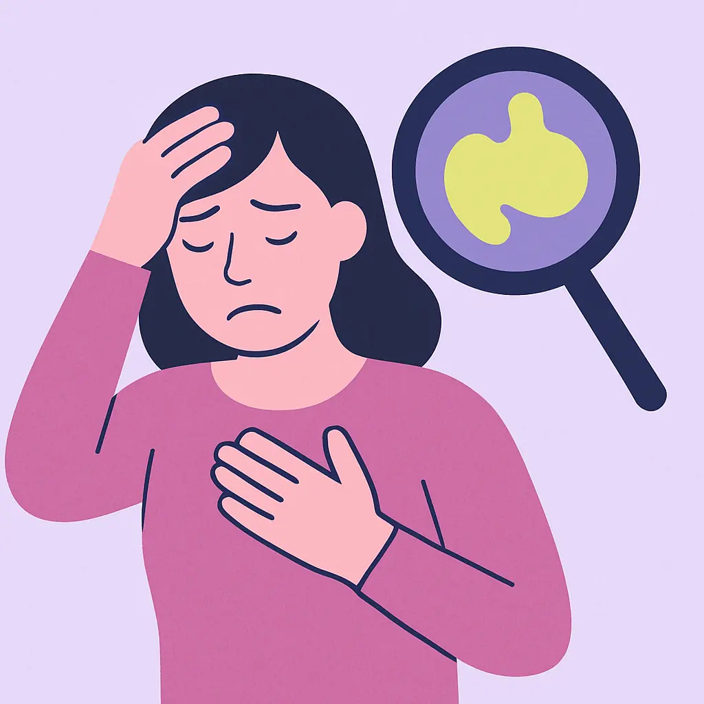 Persona angustiad mirando su cuerpo con lupa, con pensamientos obsesivos sobre enfermedades.