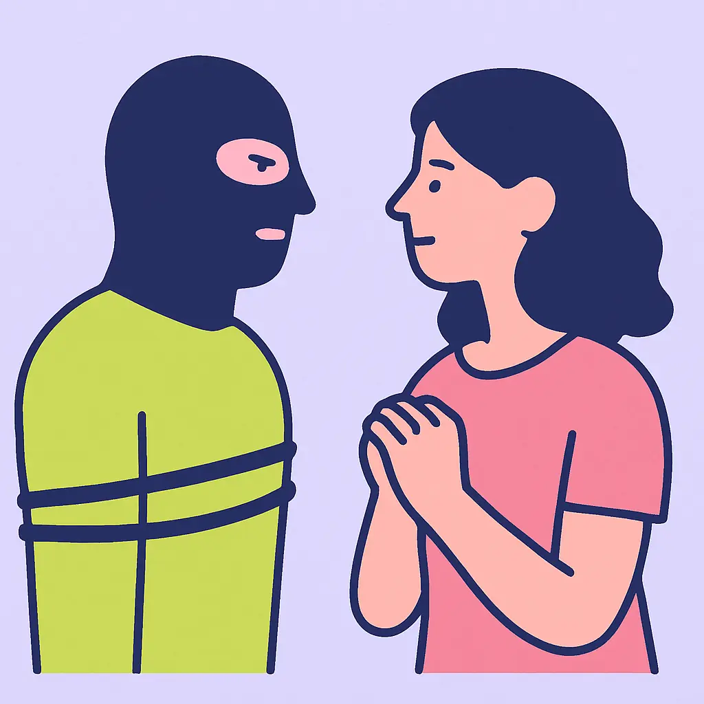 Rehén abrazando a su captor en cautiverio, mostrando apego emocional paradójico característica del síndrome de estocolmo.