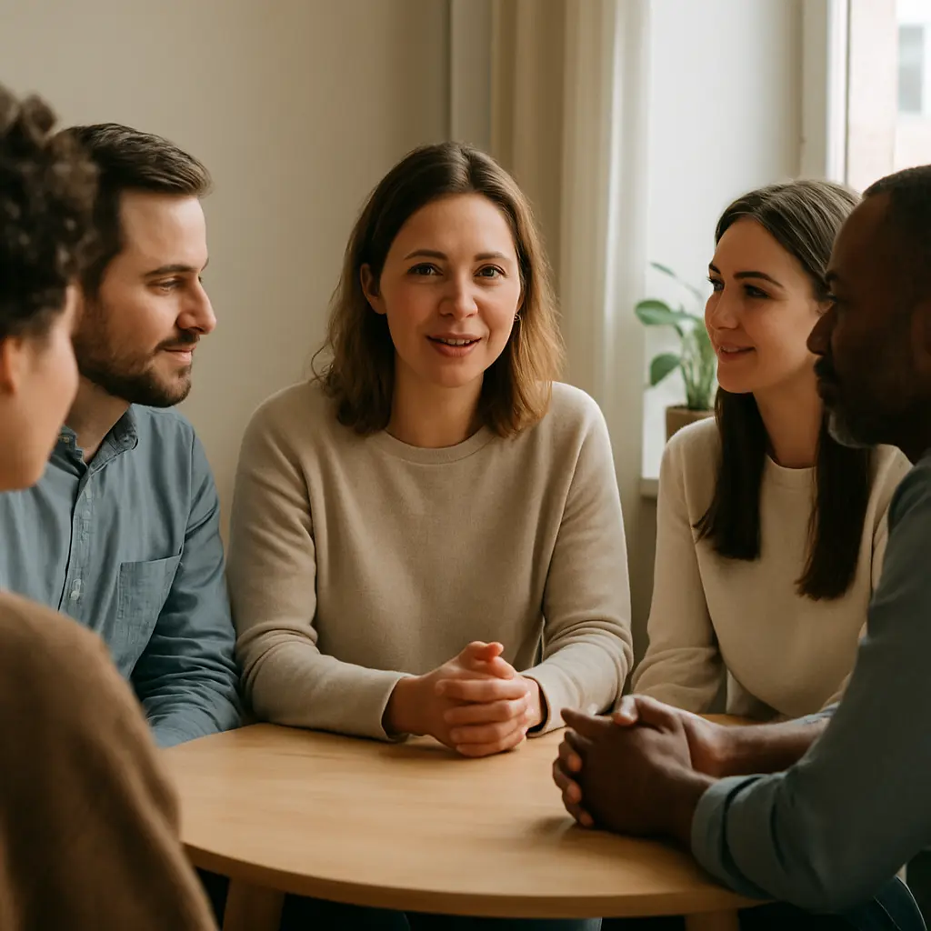 Grupo de personas en círculo conversando con atención genuina, sin distracciones, mostrando escucha activa y conexión humana profunda.