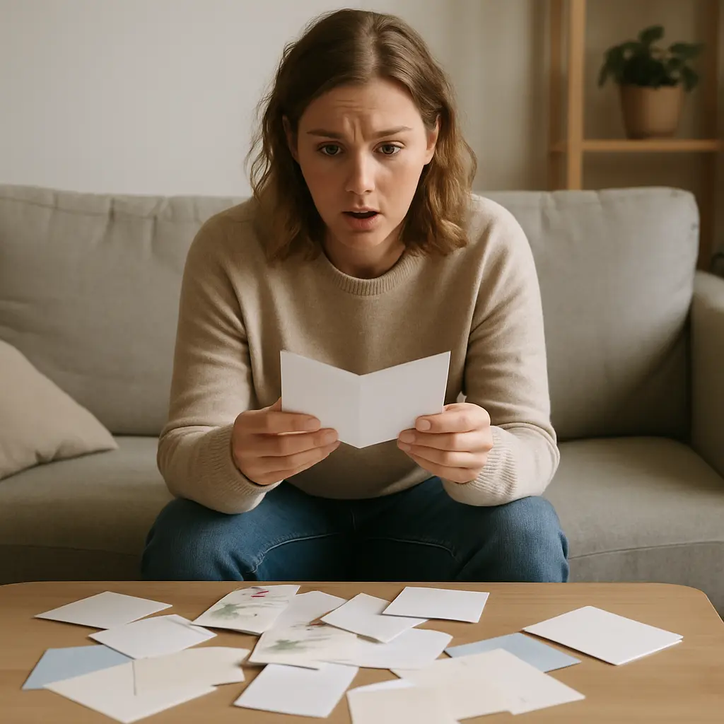 Persona sorprendida leyendo tarjeta rodeada de cartas dispersas en mesa, experimentando disonancia cognitiva.
