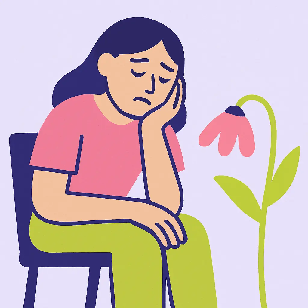 Figura abstracta en tonos grises y azules, rostro inexpresivo con vacío emocional que representa la anhedonia y pérdida de placer.