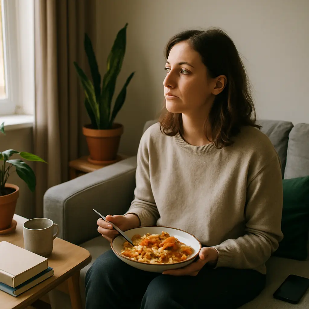 Persona sentada en sofá con plato de comida sin probar, mirando por ventana con expresión ausente, anhedonia evidente.