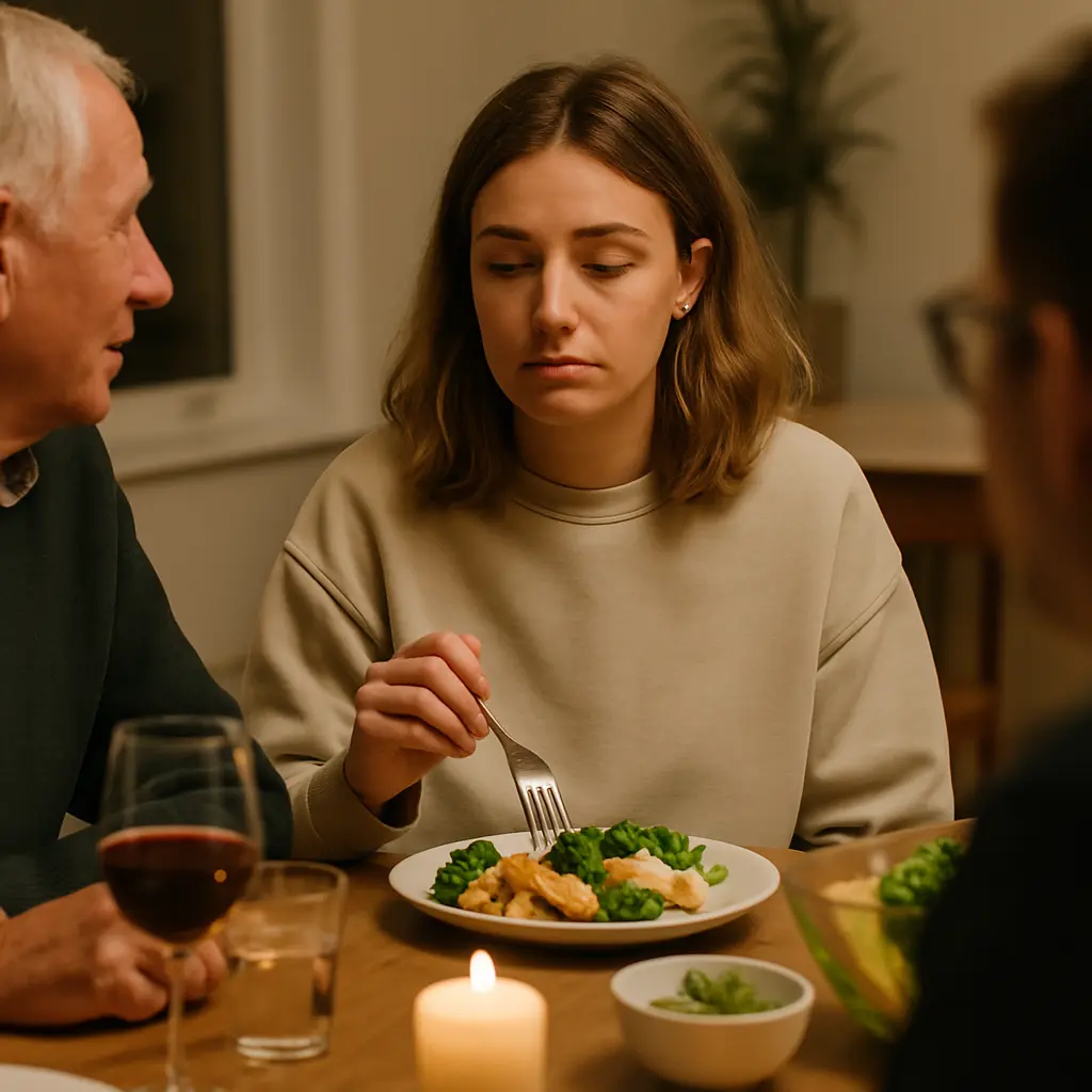 Persona en cena familiar con sonrisa forzada, mirada ausente, anhedonia: desconexión emocional durante conversación.