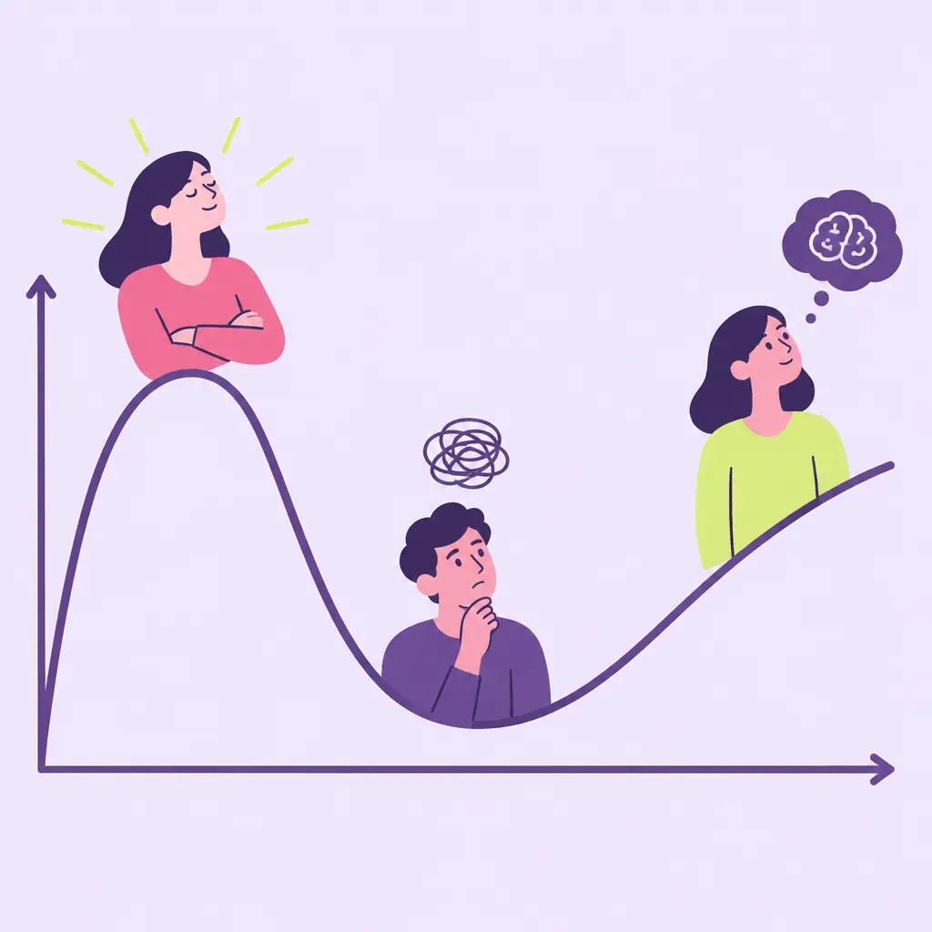 Gráfico exponencial mostrando cómo la confianza aumenta con conocimiento mínimo en el efecto dunning kruger.