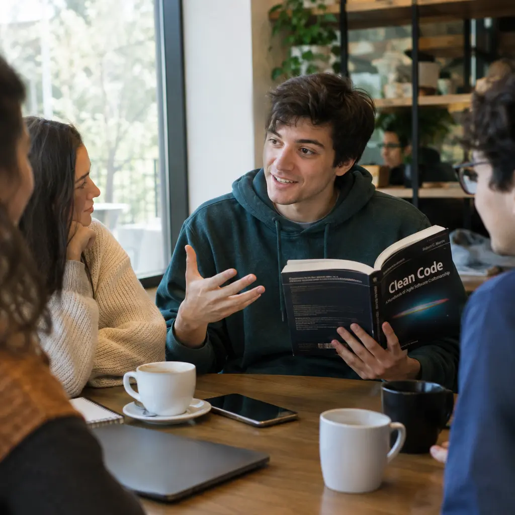 Joven confiado explica programación tras leer primeros capítulos, ejemplo clásico del efecto dunning kruger en mesa de café.