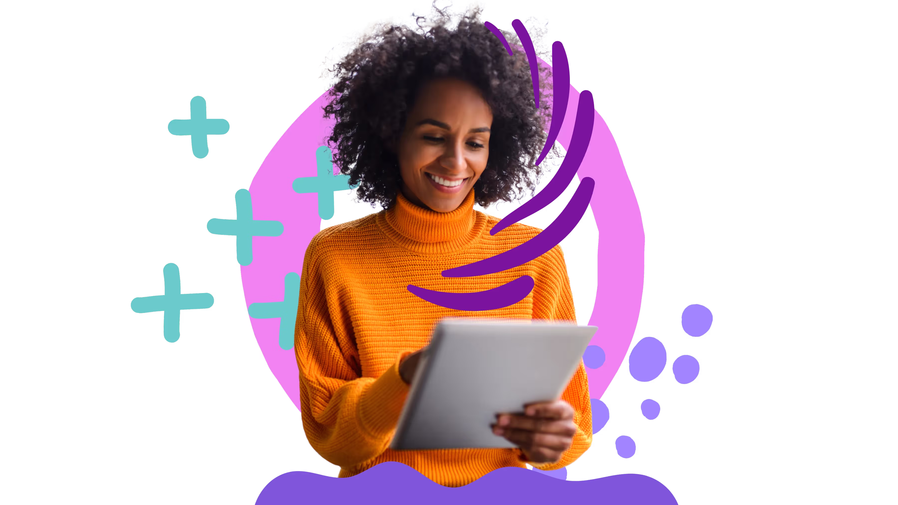 A smiling young woman with a radiant complexion, wearing a red and black plaid top. Her voluminous black curly hair frames her cheerful face. The background is a creative blend of abstract shapes in vibrant colors like purple, blue, and pink, with teal wavy lines accenting the composition. | SisterLove Atlanta