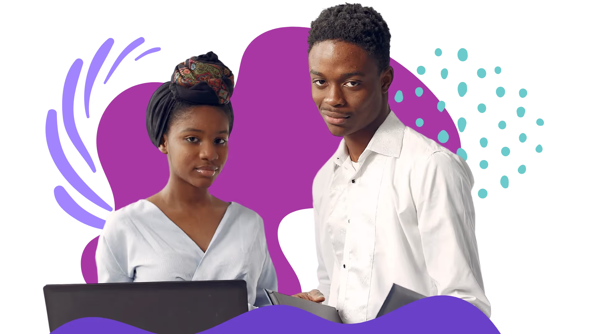 Two young professionals, a woman with a headwrap and a man in a white shirt, standing together with a laptop, against a colorful abstract background | SisterLove Inc Atlanta HIV Testing for AIDS symptoms near me.