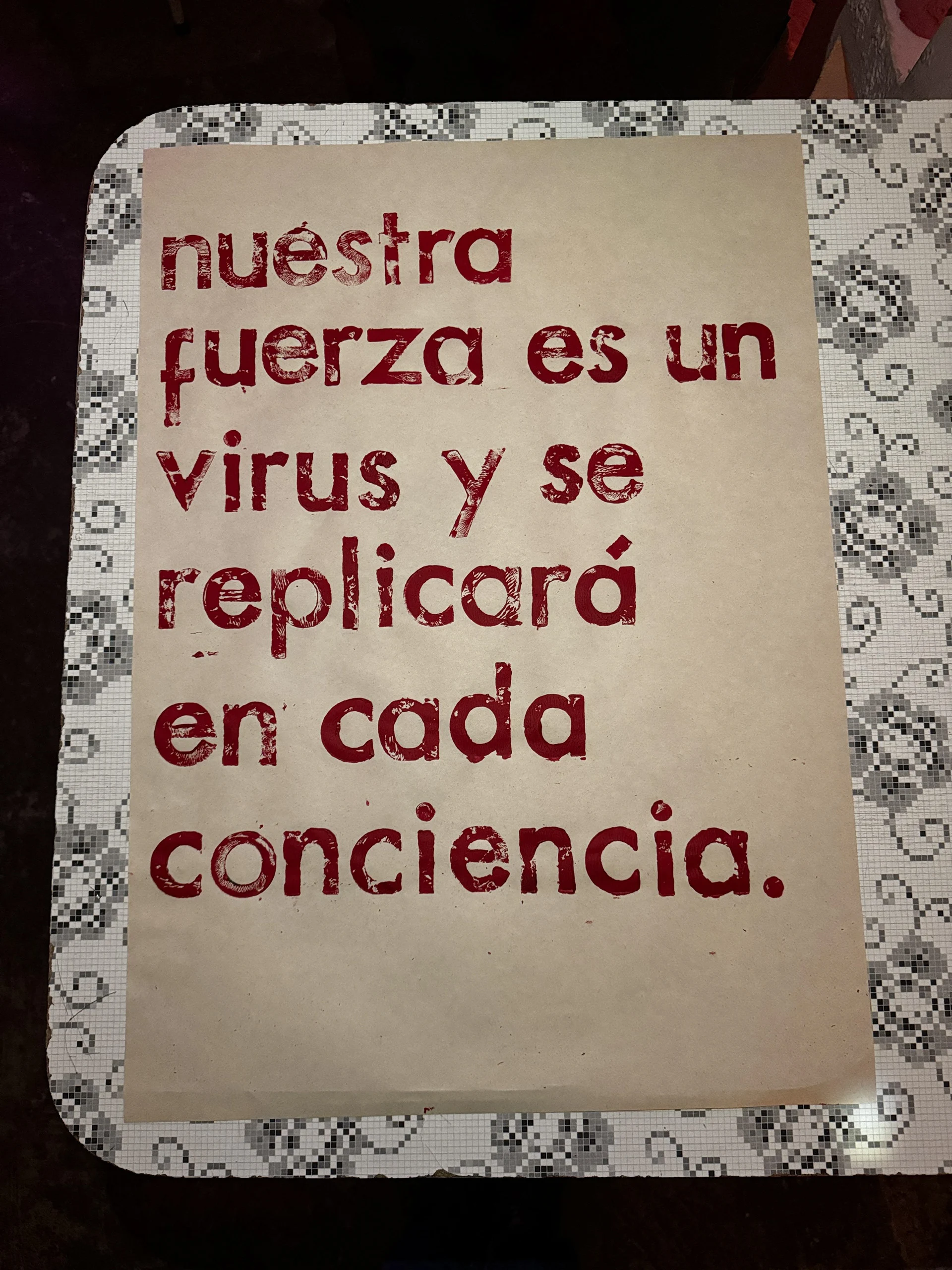 text that reads "nuestra fuerza es un virus u se replicará en coda conciencia