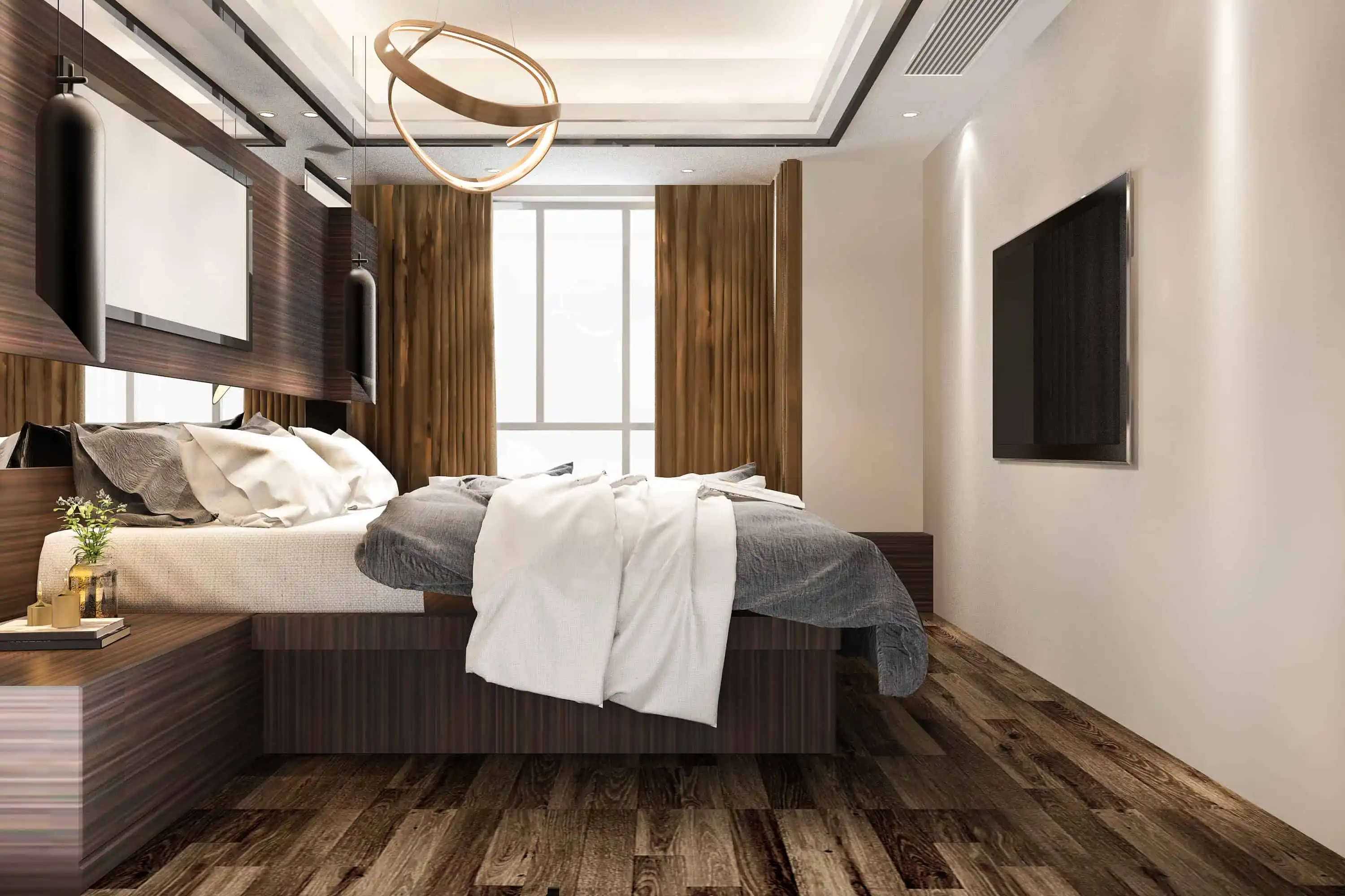 luxury modern bedroom with dark hardwood