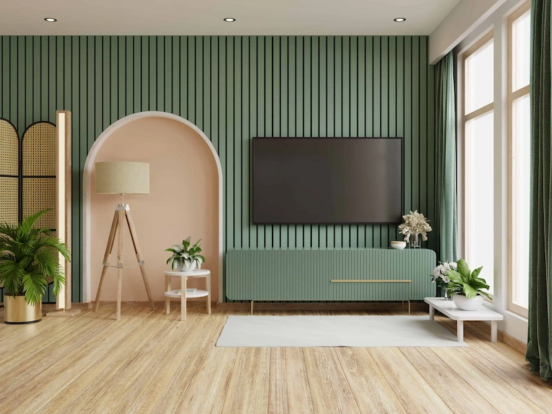 Modern living room with light hardwood