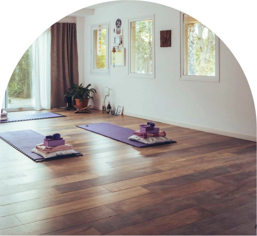 yoga studio with dark oak hardwood floors