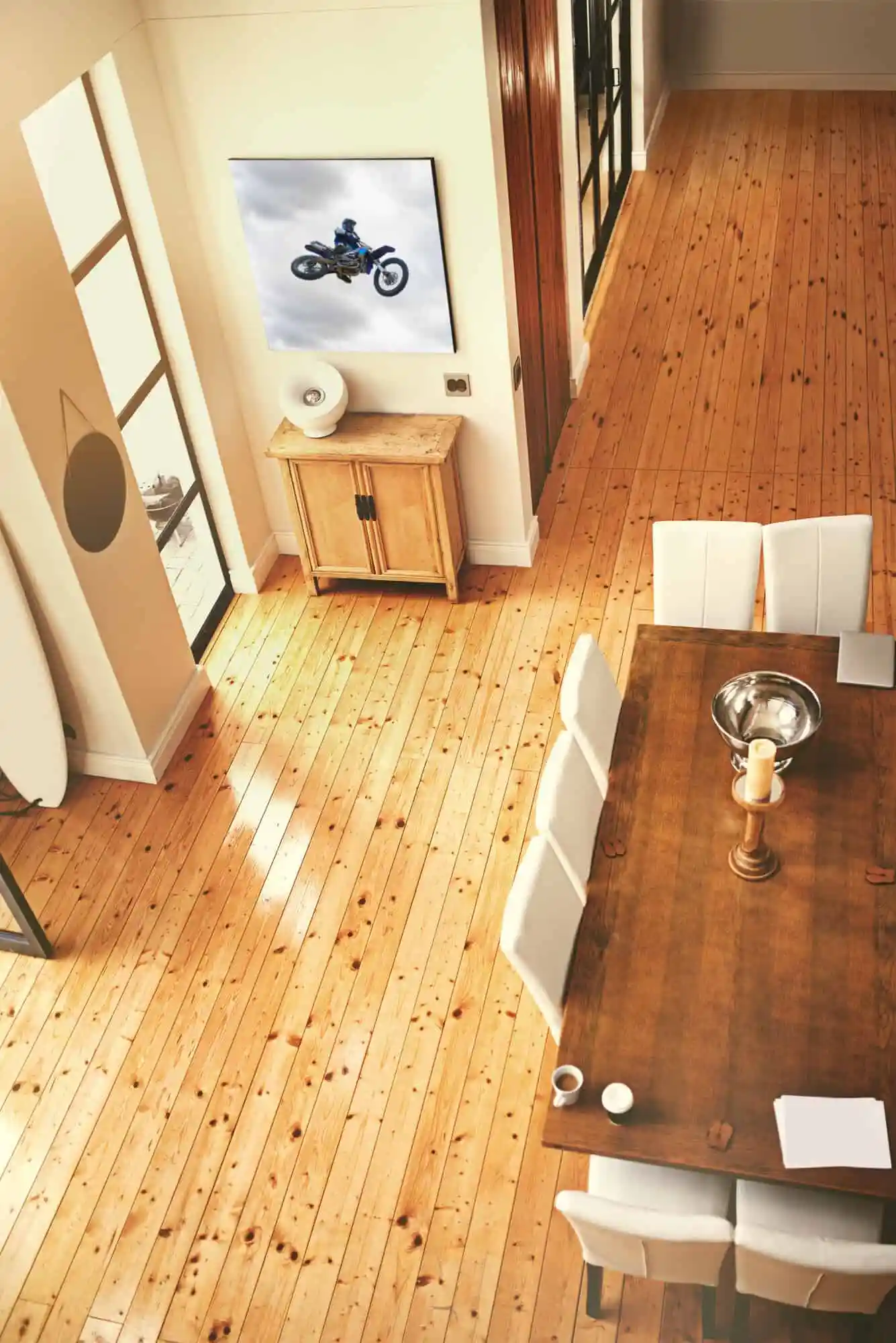 aerial top view of open concept dining room