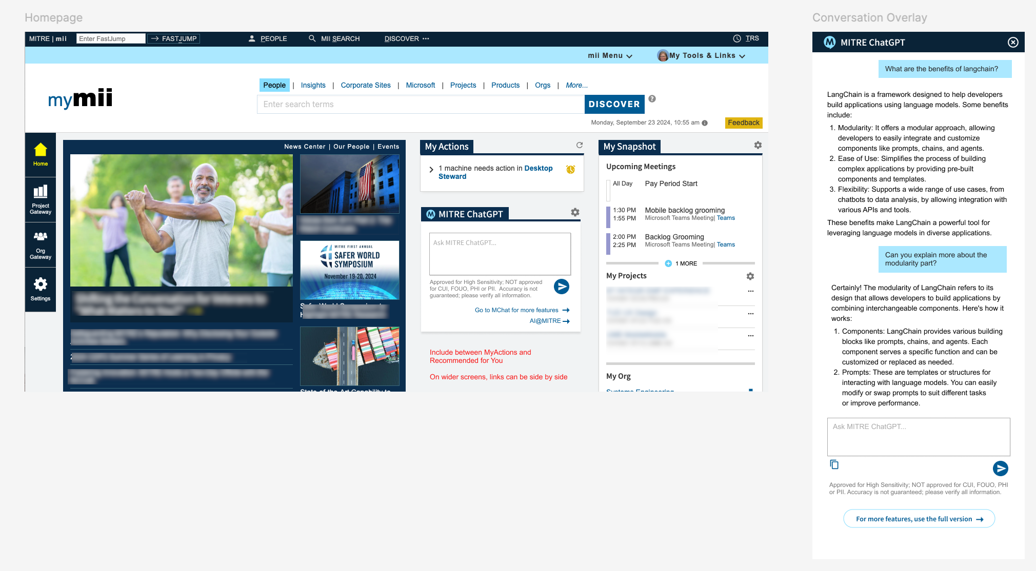 MITRE ChatGPT access from the company's internal homepage with a mockup of a sample conversation overlay.