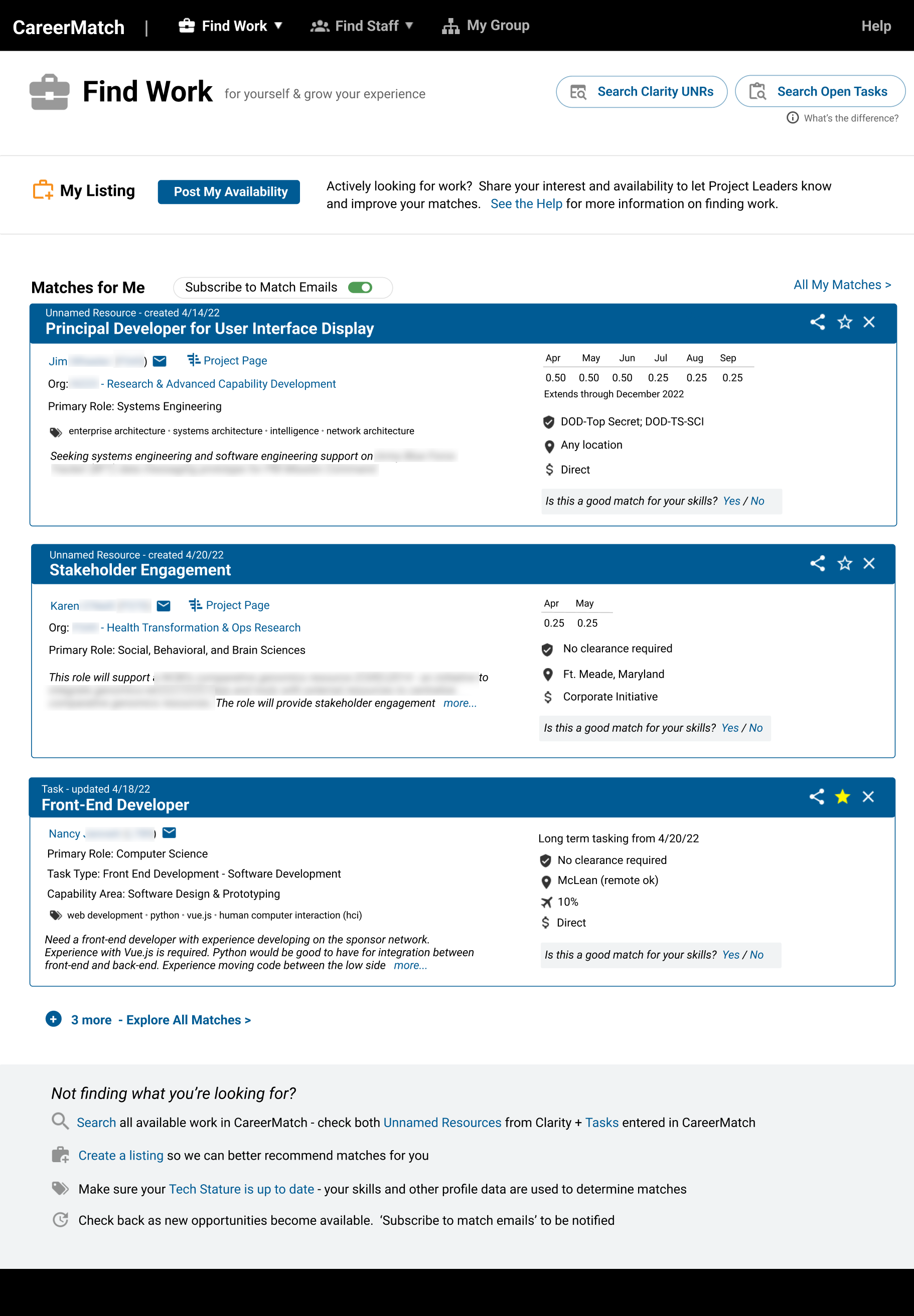 CareerMatch landing page for employees looking to Find Work.