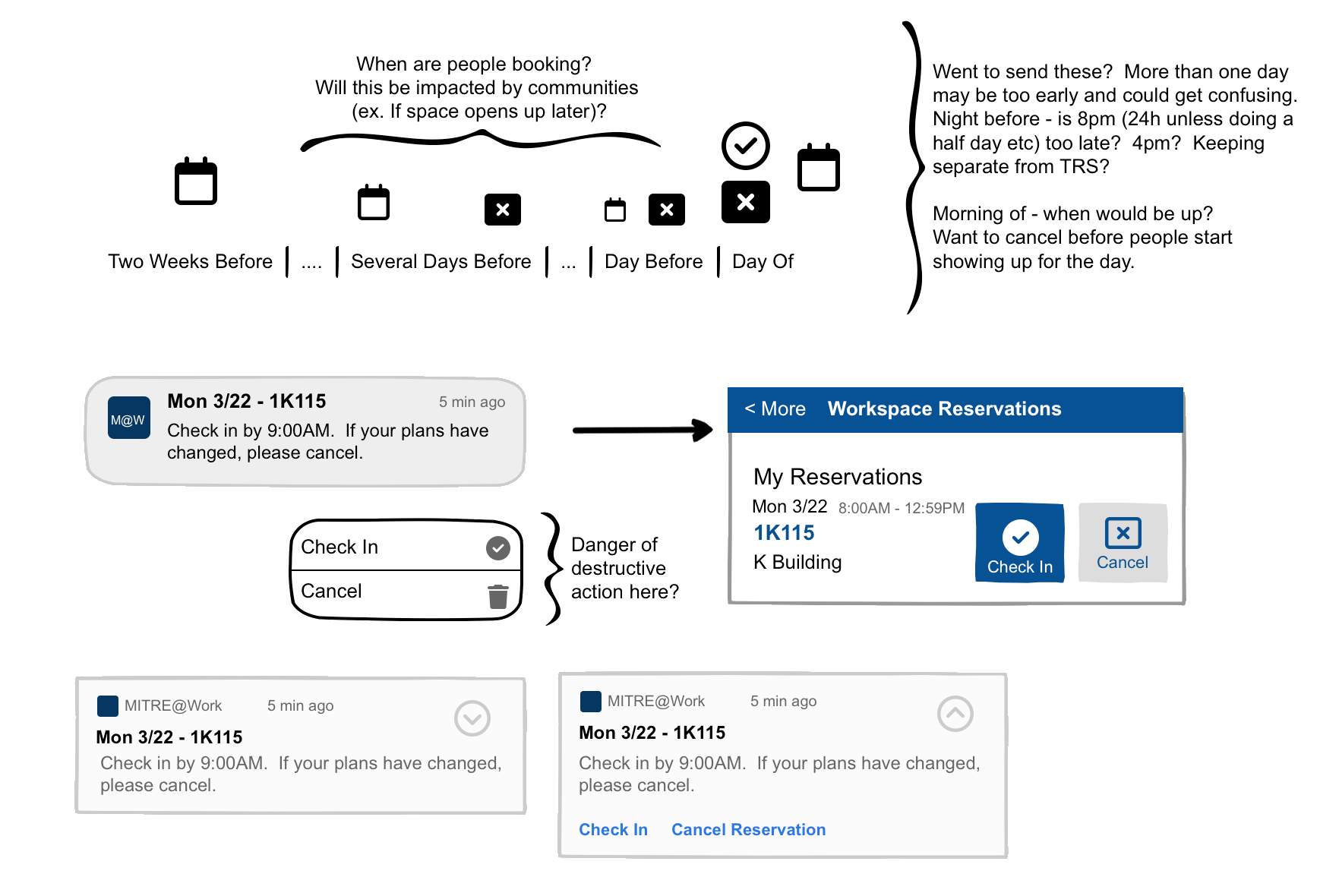 Draft ideas for check in notifications + sketches working though when to send them.