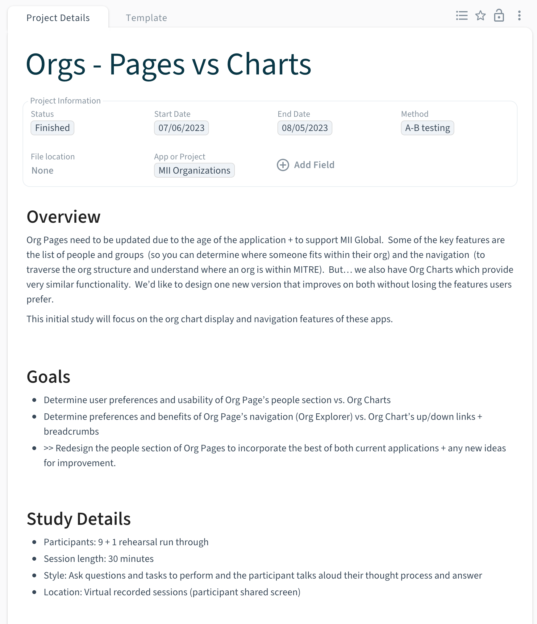 Org Chart / Page user study plan.