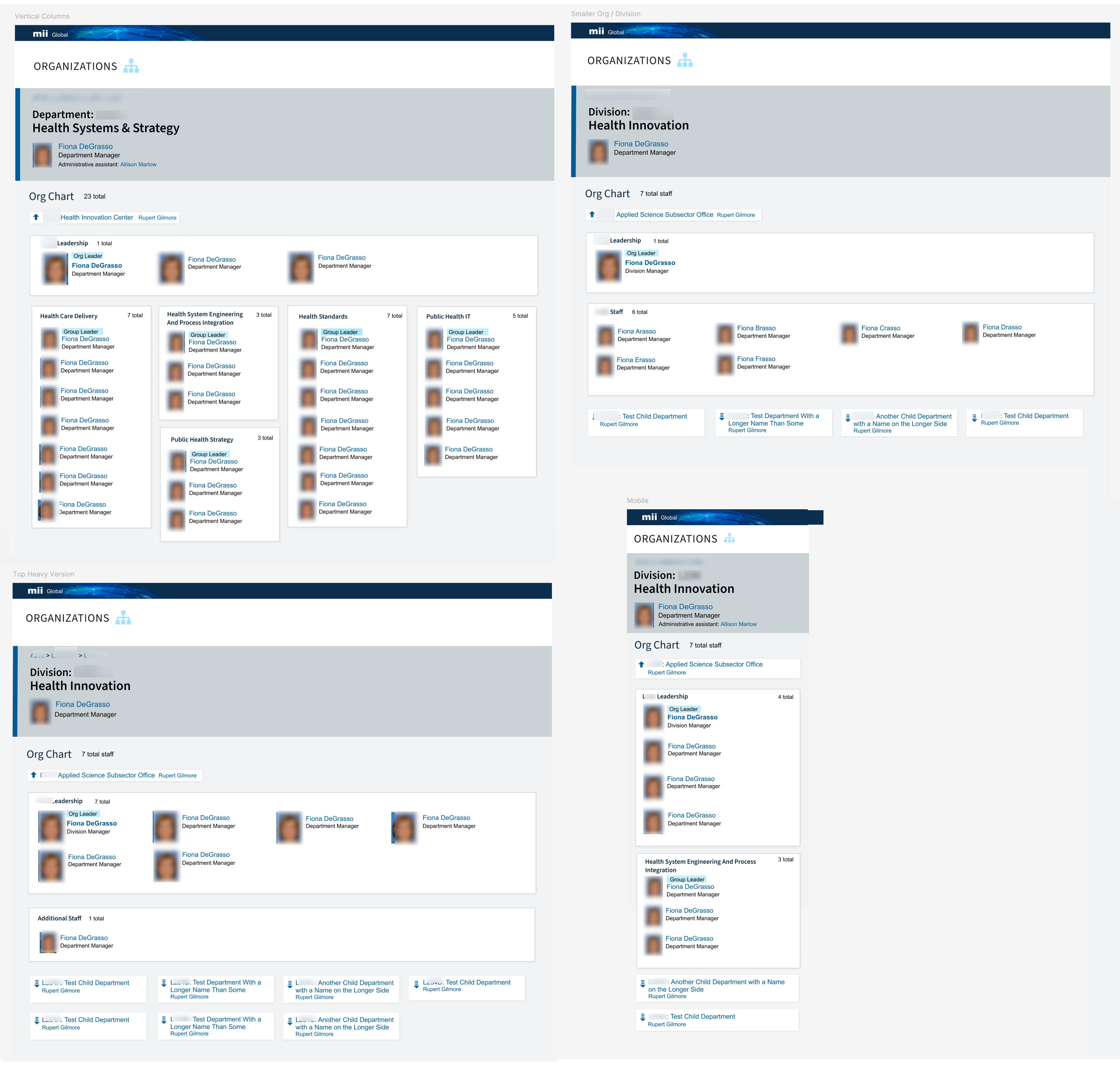 Variations of the org chart section for different numbers of people and screen sizes.