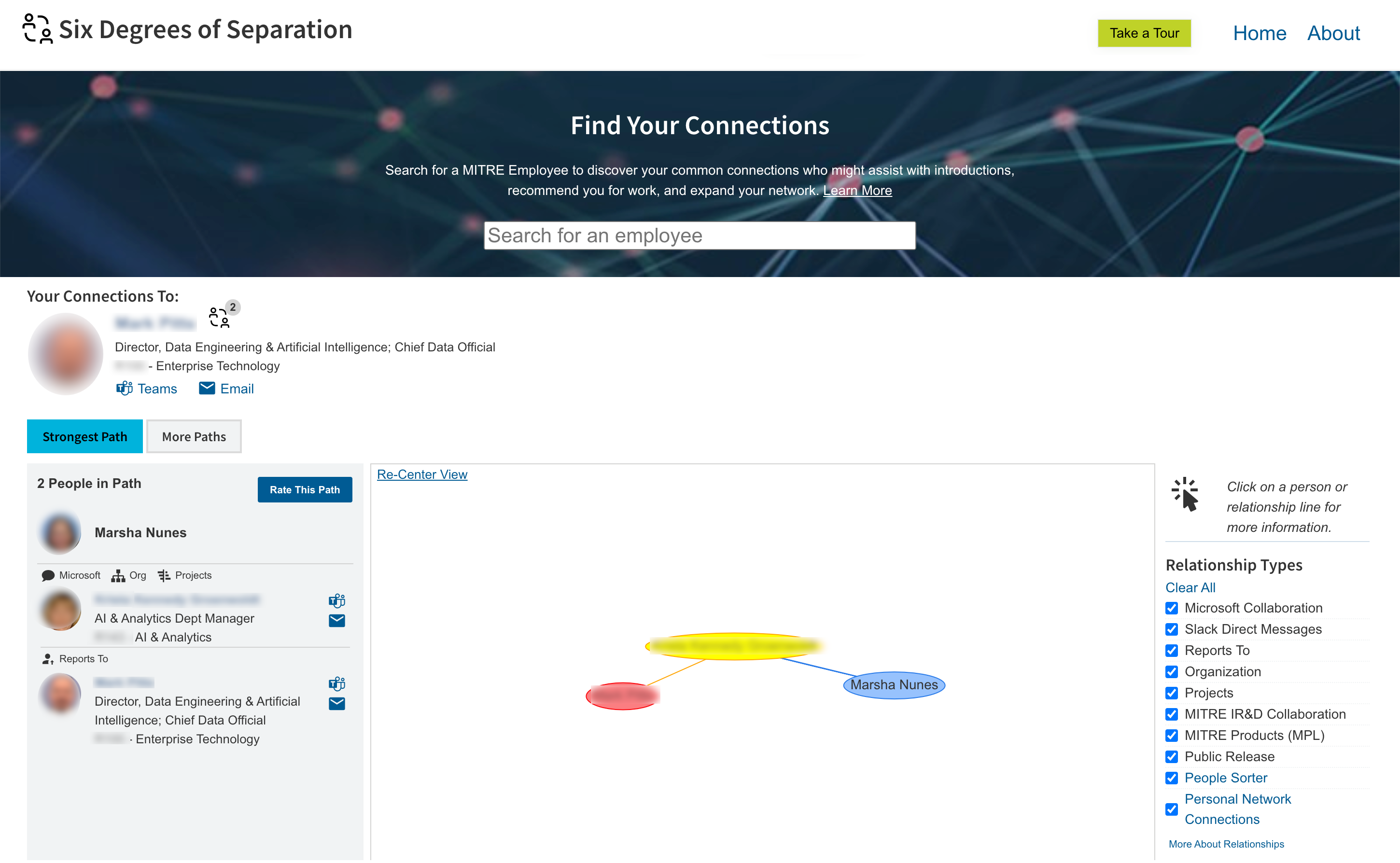Sample Six Degrees of Separation result showing your strongest connection to the selected person.
