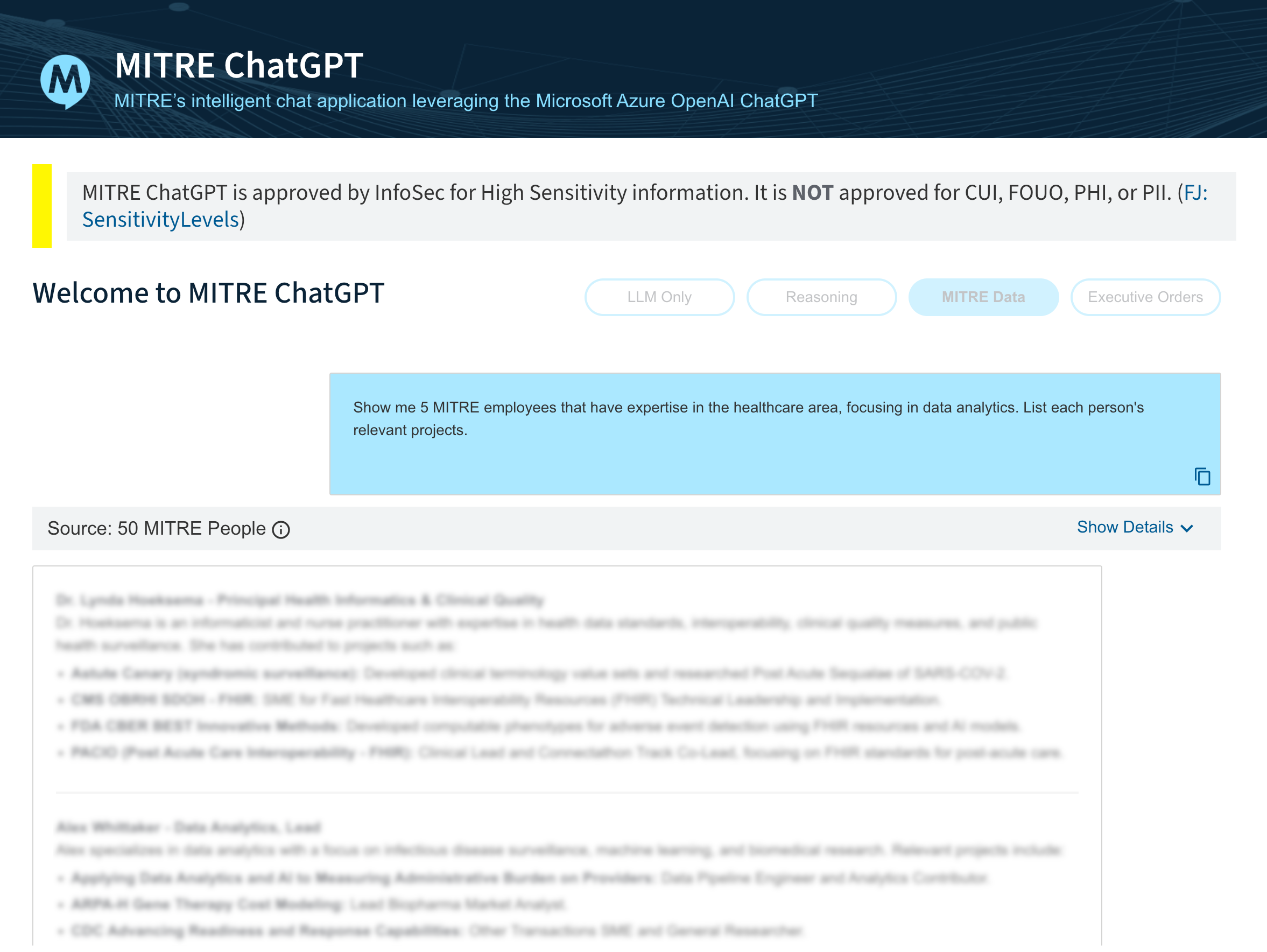 MITRE ChatGPT with the MITRE Data option selected, showing a sample response about people's expertise. 