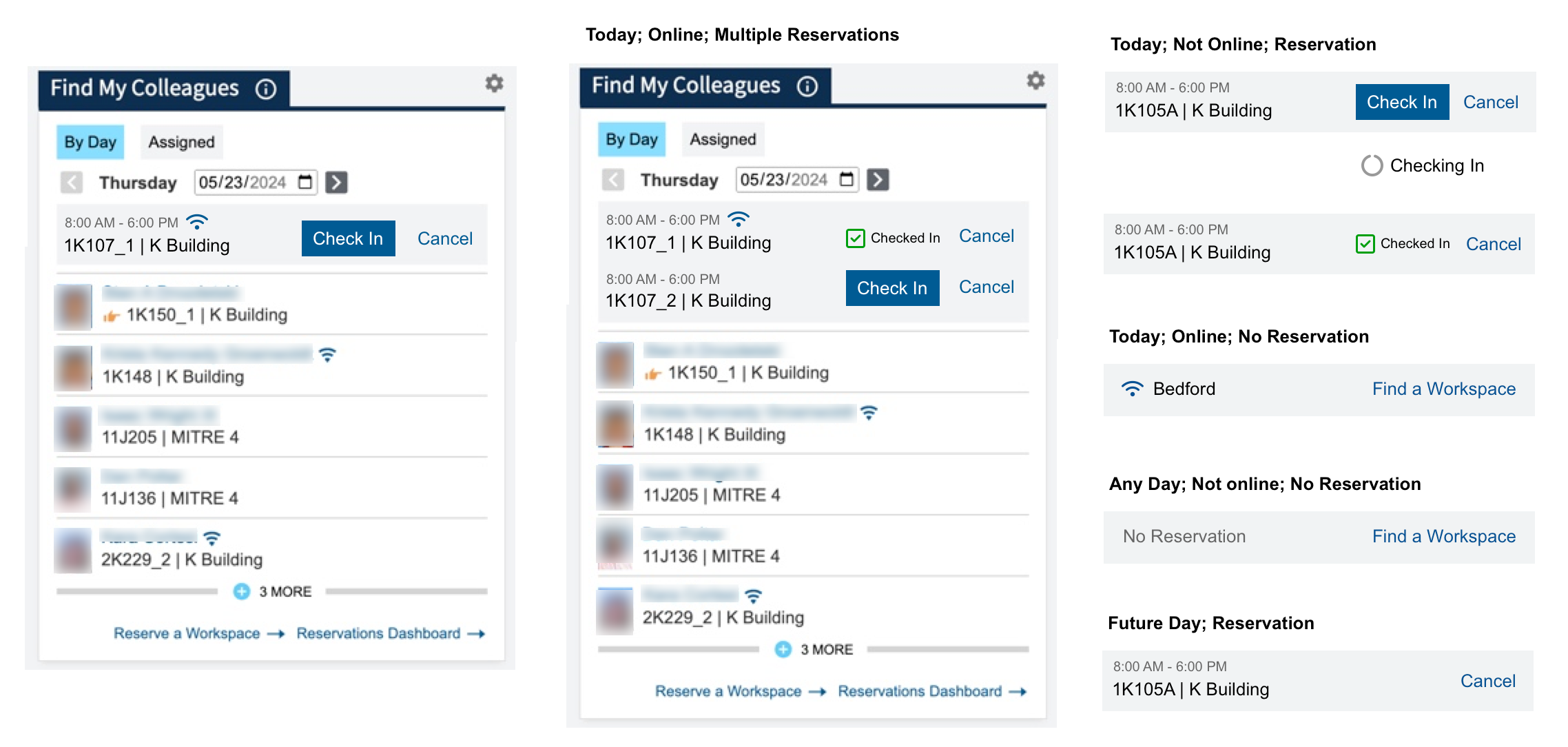 Find My Colleagues mockups for adding workspace checkin.