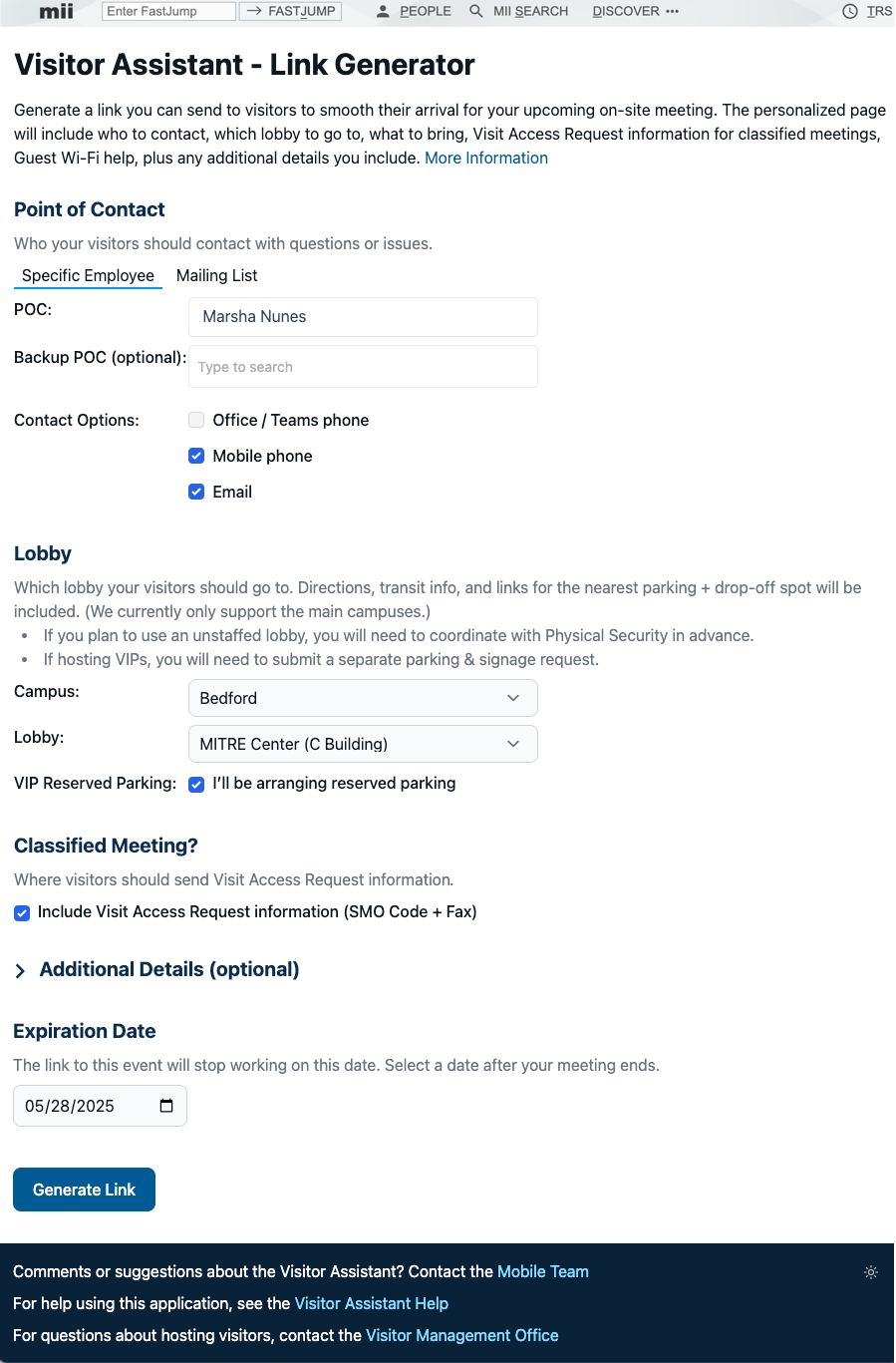 Visitor Assistant link generation form.