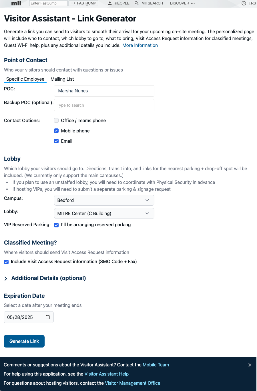 Visitor Assistant link generation form including fields for the point of contact, lobby, classified meetings, additional details, and the expiration date.