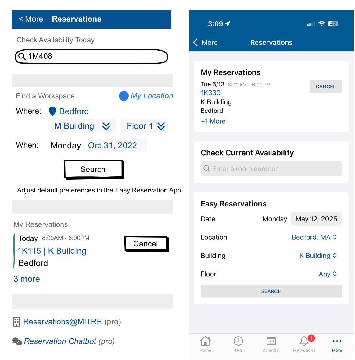 Early draft and production versions of the Reservation section showing the my reservations, check current availability, and easy reservations features.