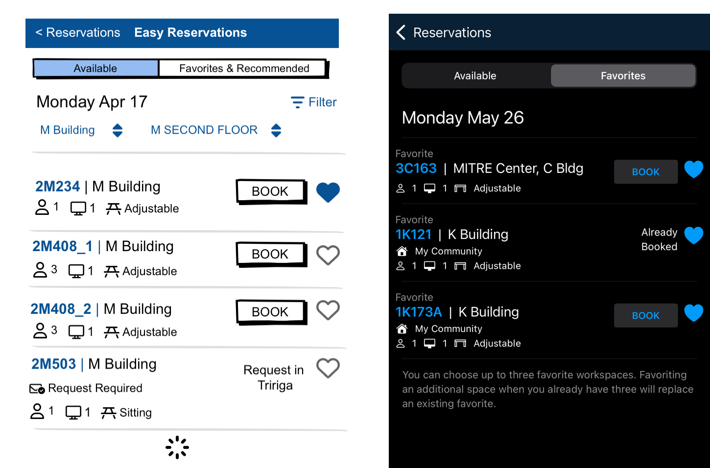 Draft and production versions of the Easy Reservations section showing sample results and favorites available for booking.