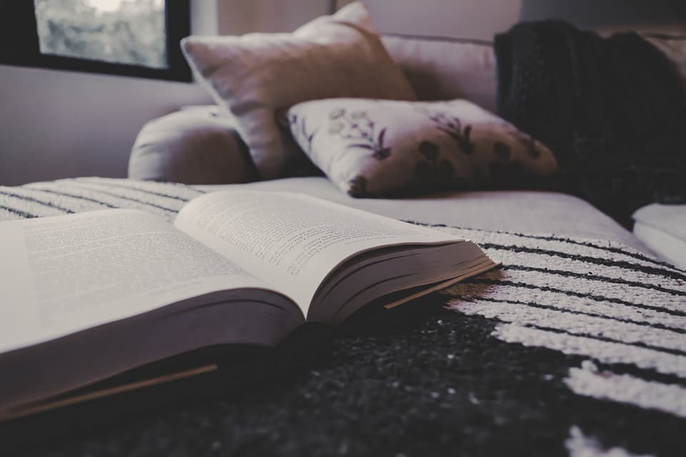 Open book on a couch with soft pillows in the background.